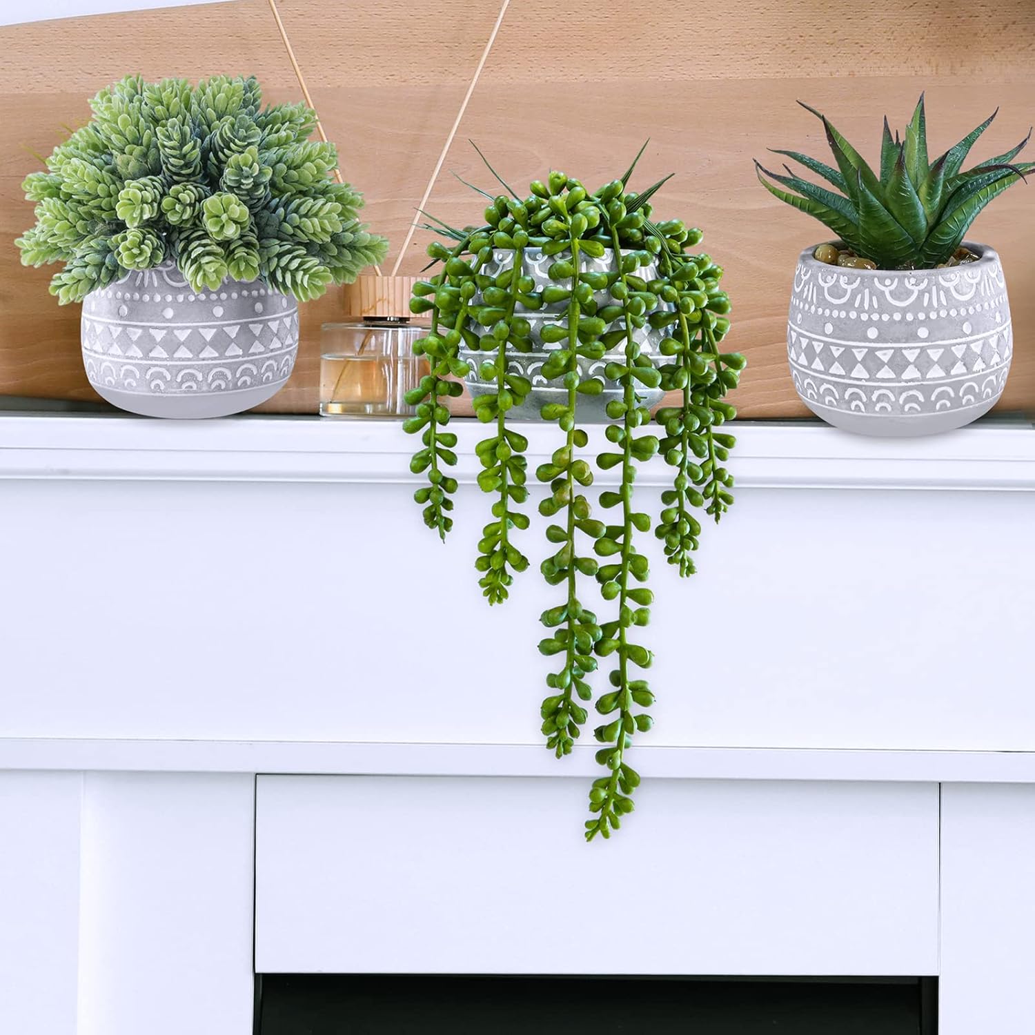 Assorted Small Potted Succulent Plants Artificial Aloe Hops String of Pearls / Gray / Set of 3