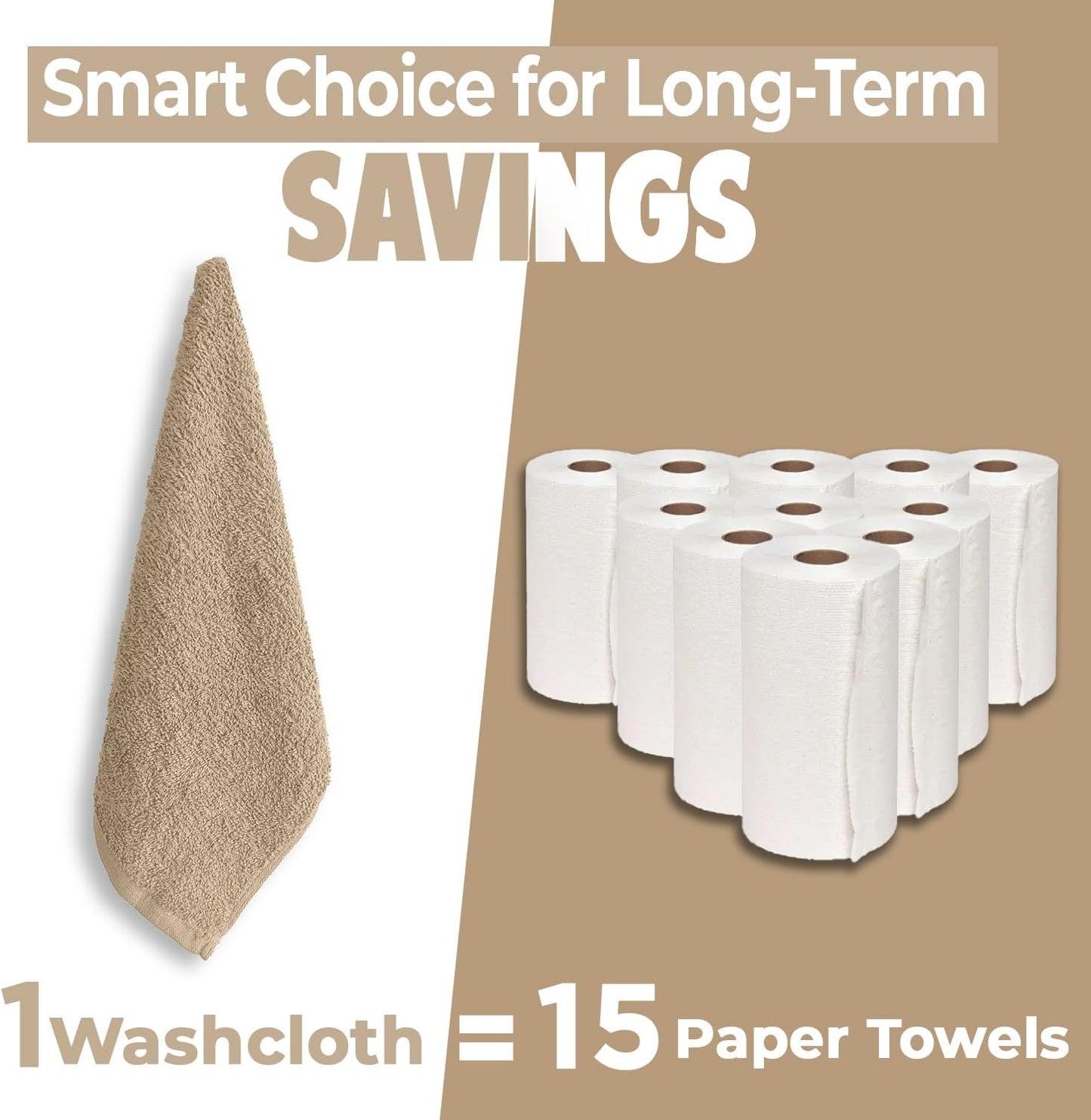 DAN RIVER 24 Pack Cotton Wash Cloths Set for Showering [12x12] Tan | Lighter Weight, Quick to Dry, Super Soft &