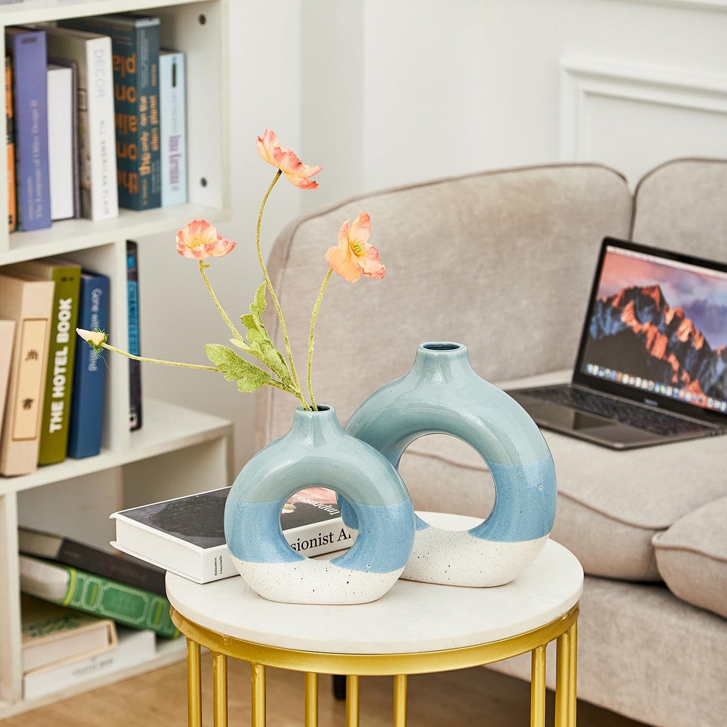 Decorative Ceramic Flower Vase / Donut Vase-blue-2 Sets / Set of 2