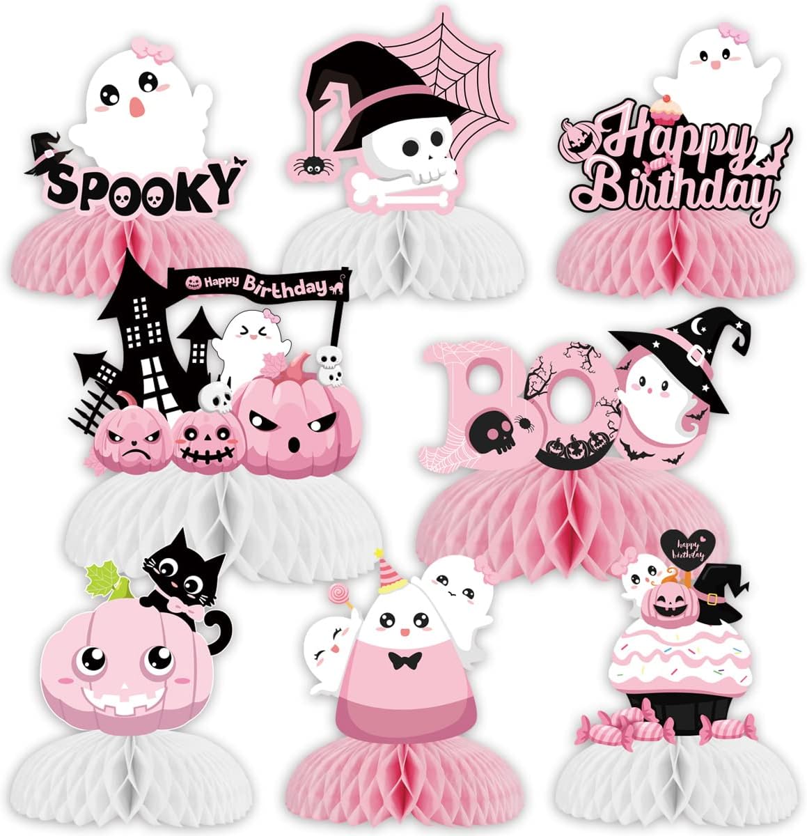 Halloween Birthday Honeycomb Centerpieces Pink Halloween Table Decorations for Birthday Party Ghost Spooky Honeycomb Pumpkin Ghost Bat Table Toppers for Girls 1st 2nd 3rd Birthday Party