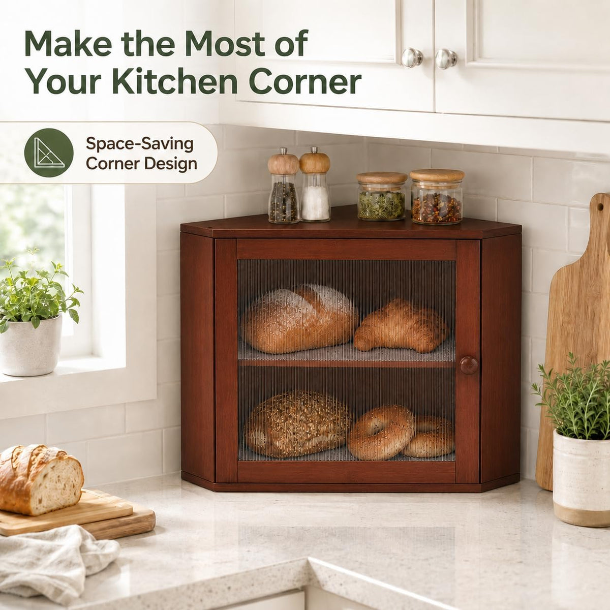 BAMBANG Corner Bread Box for Kitchen Countertop, Large Capacity Bamboo Wood Bread Storage Container, 2 Tier Farmhouse
