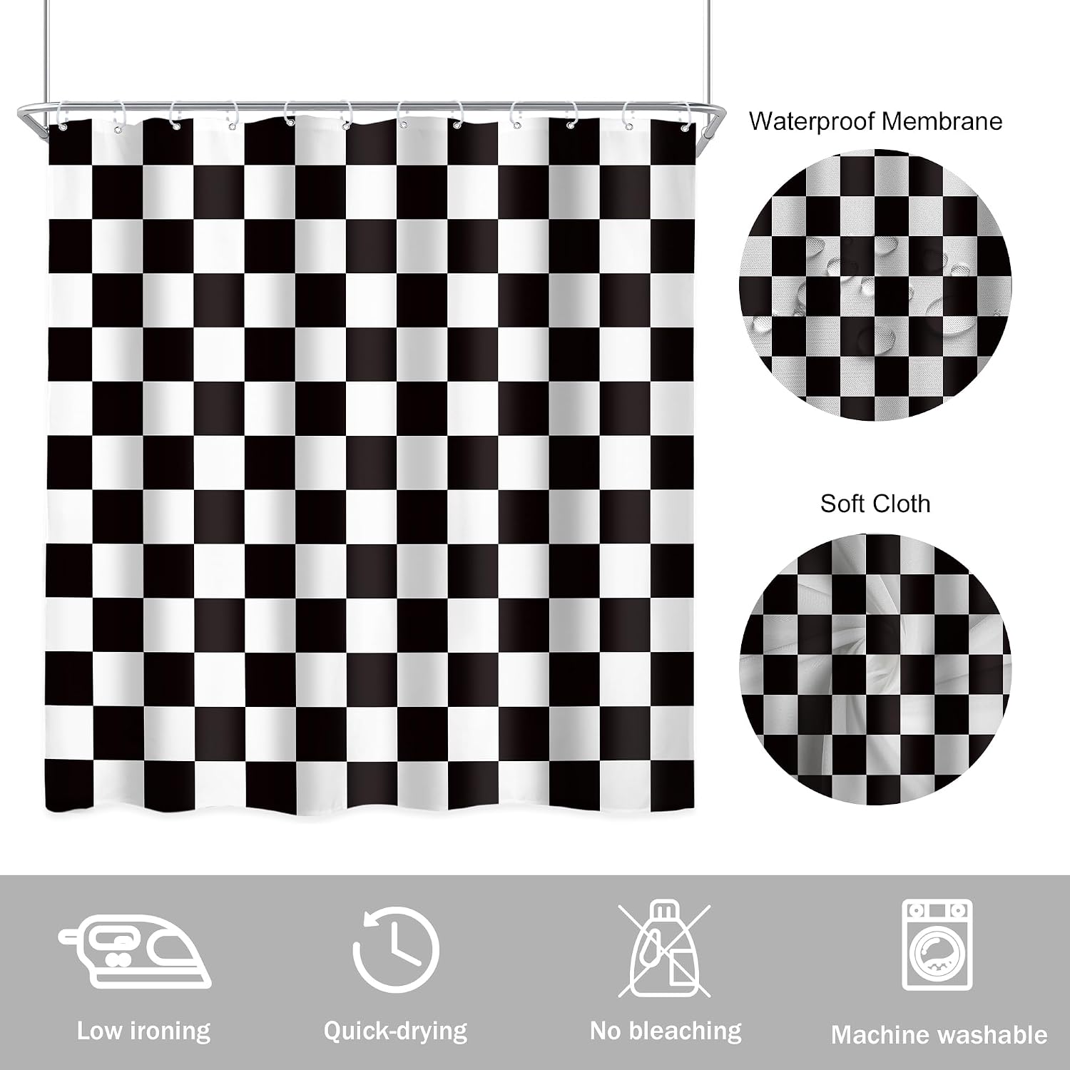 Checkered Shower Curtain L Black and White Kids Boys / 01 Black White / 72"W x 72"L / 72 x 72