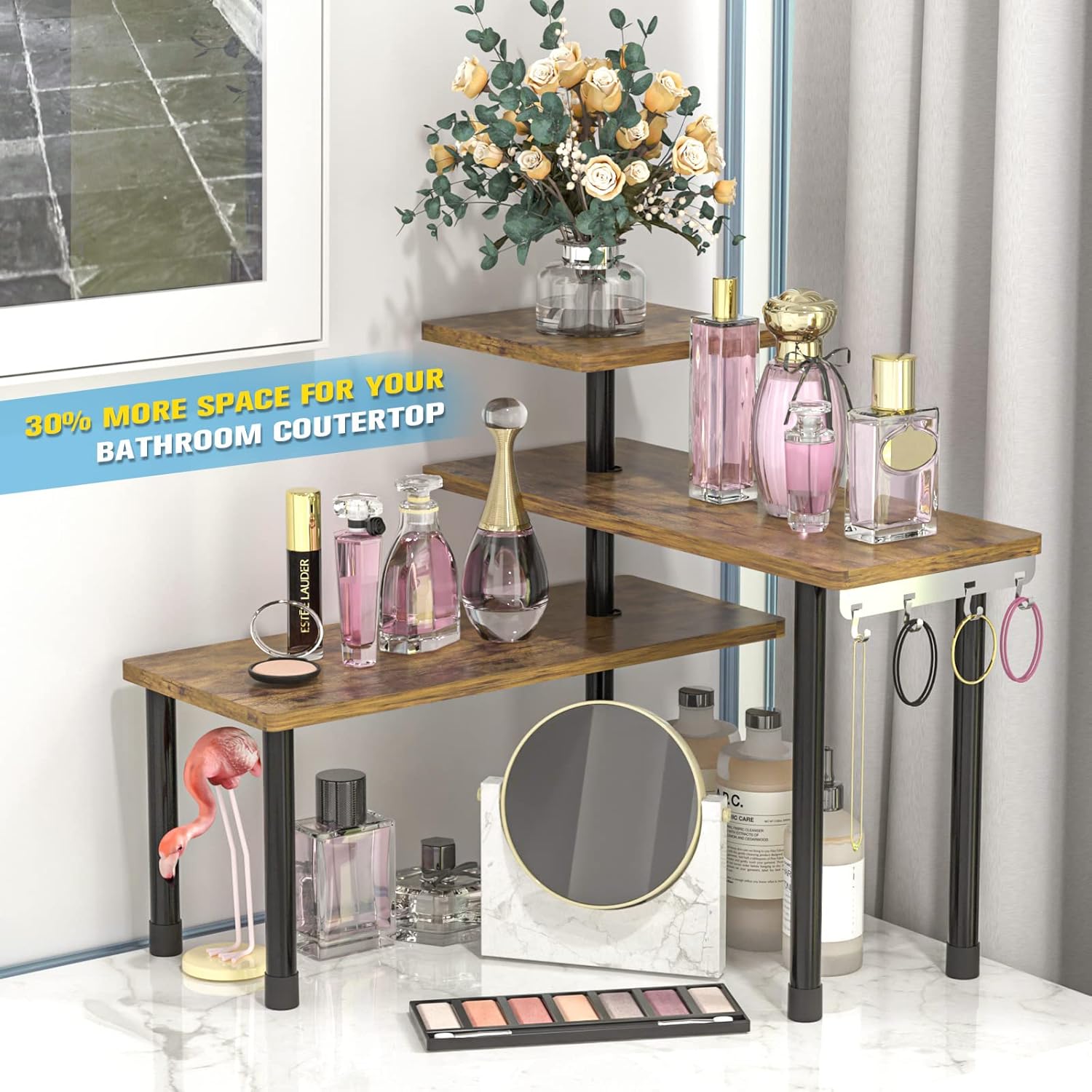 JayRex Kitchen Countertop Organizer 3-Tier Corner Shelf, Rustic Brown | Space-saving corner design organizes spices