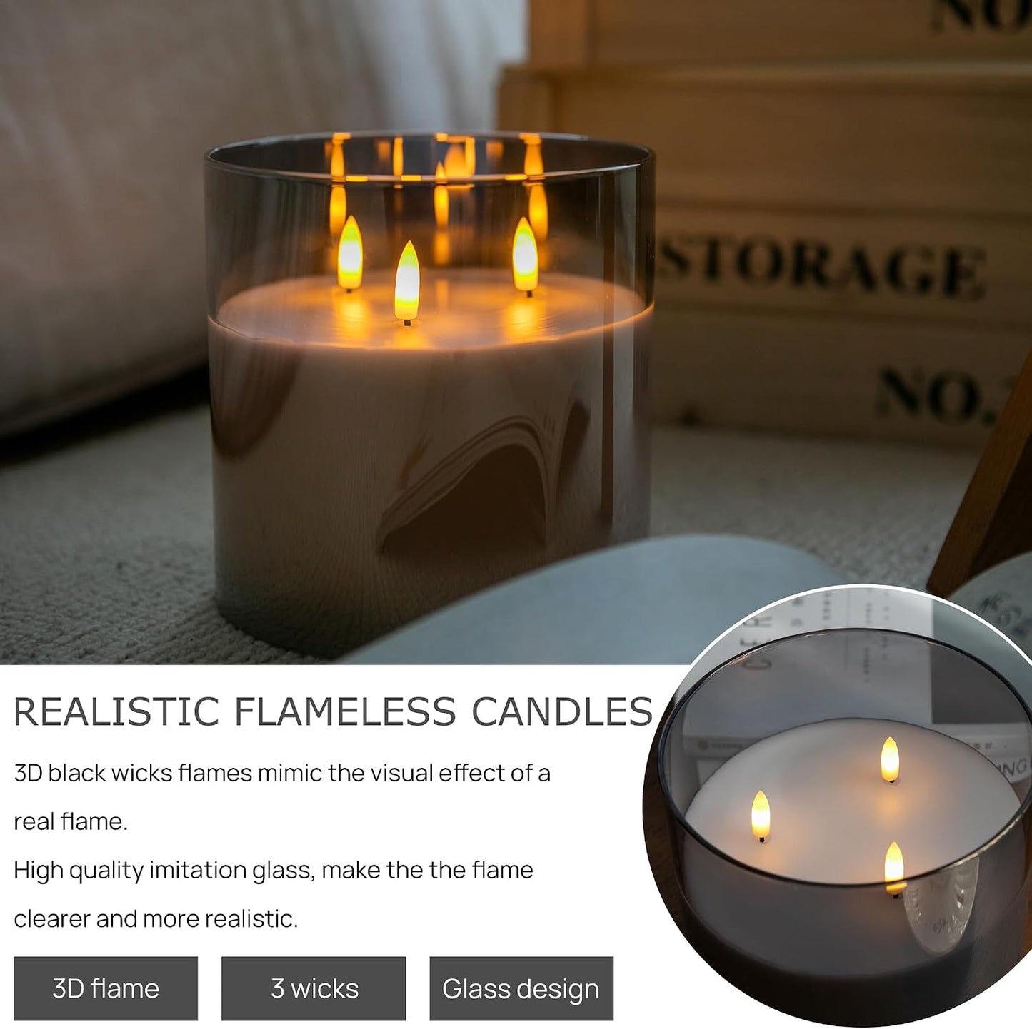 Extra Large Flameless Candles with 3 Wicks, 6"x6" Glass Battery Operated Candles with Remote, Real Wax Flickering LED