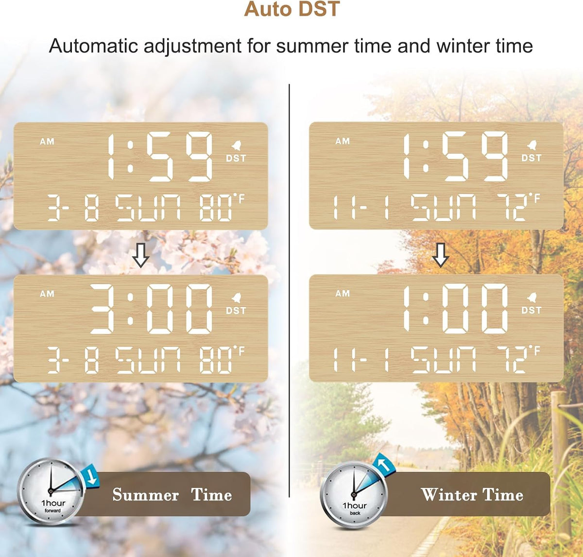 DreamSky Wooden Digital Alarm Clocks for Bedrooms with Date & Day of Week | Living Room Desk Clock, Temperature, USB