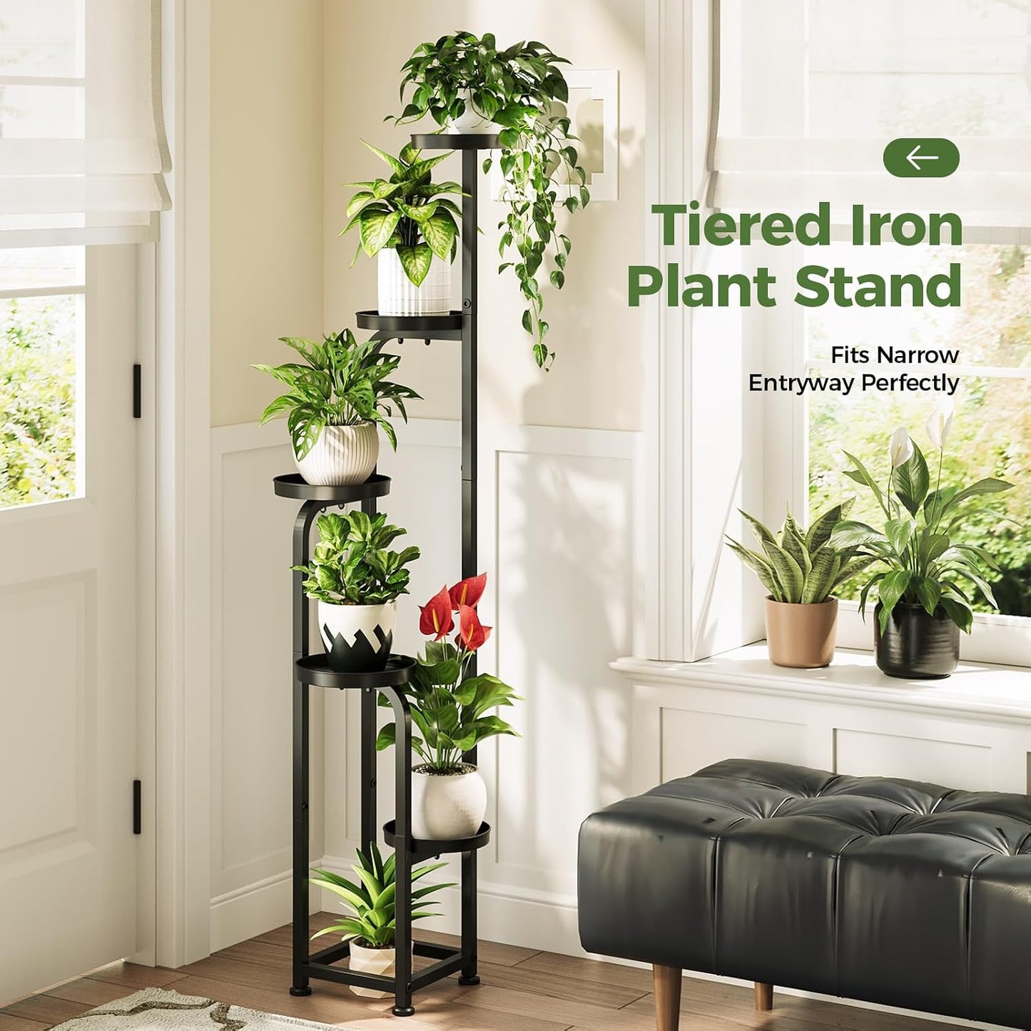 Bamworld Tall Plant Stand Indoor Outdoor Corner Metal Flower Pot Stands | 5 Tier Black Heavy Duty Plant Shelf for