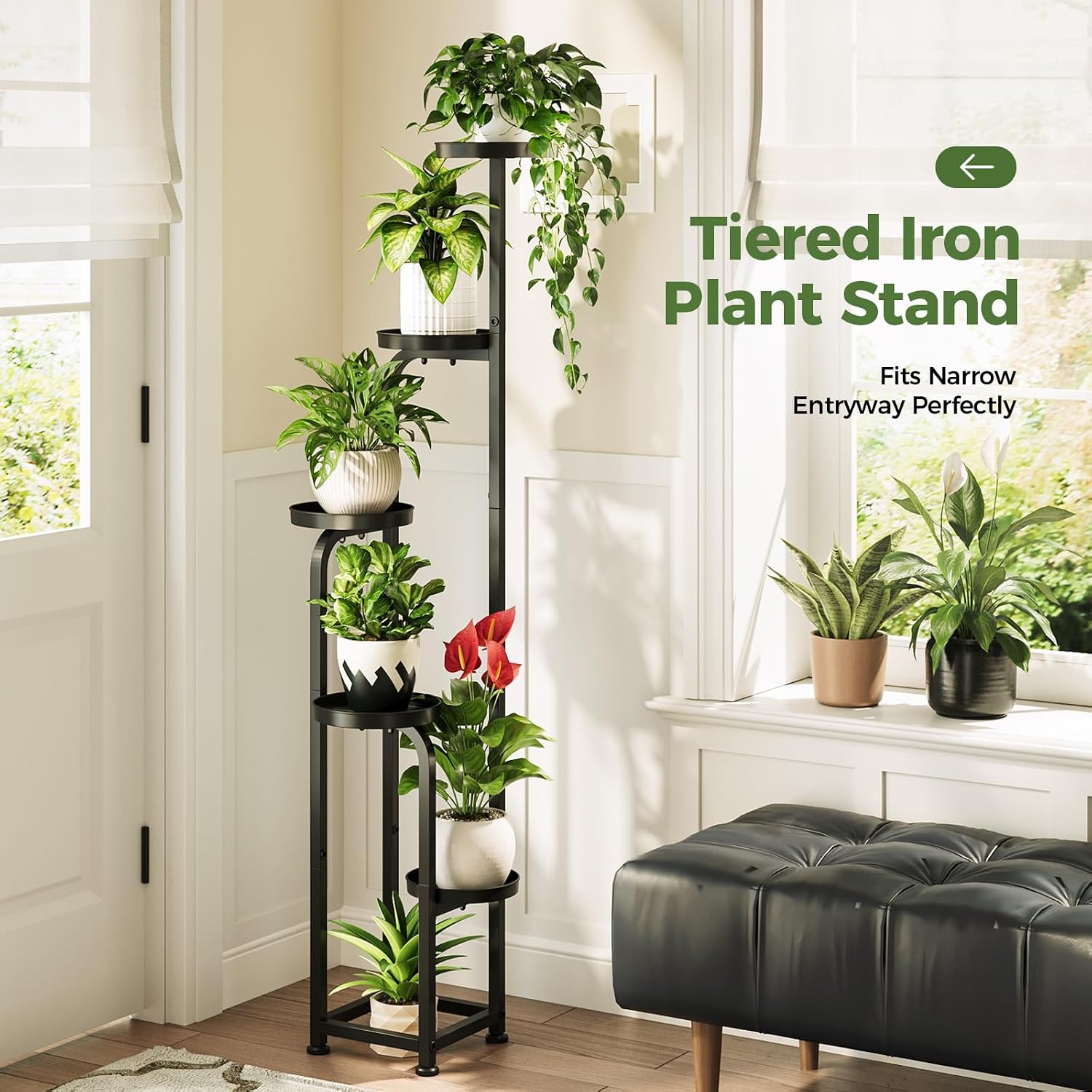 Bamworld Tall Plant Stand Indoor Outdoor Corner Metal Flower Pot Stands | 5 Tier Black Heavy Duty Plant Shelf for