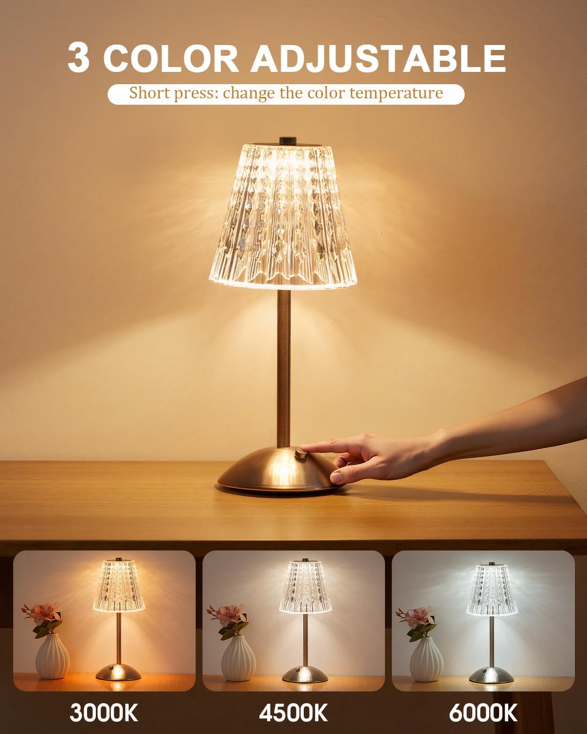 Nusogon Cordless Touch Table Lamp, LED Rechargeable Small Dask Lamp | 3 Colors Dimmable Silver Battery Operated Crystal
