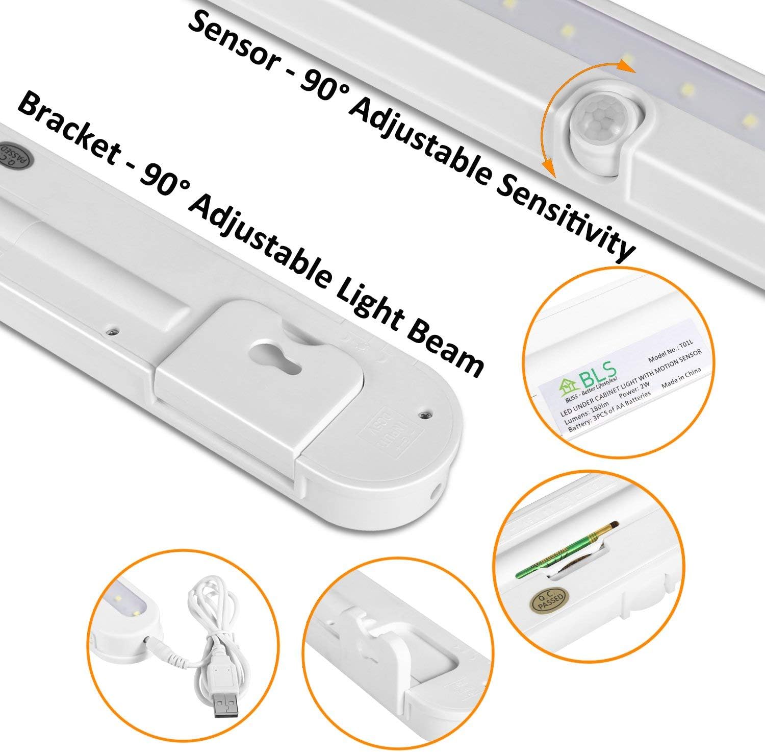 BLS T01L LED Closet Light Super Bright 20 LED Under Cabinet Lighting Battery Powered/DC Input Wireless Motion Sensing
