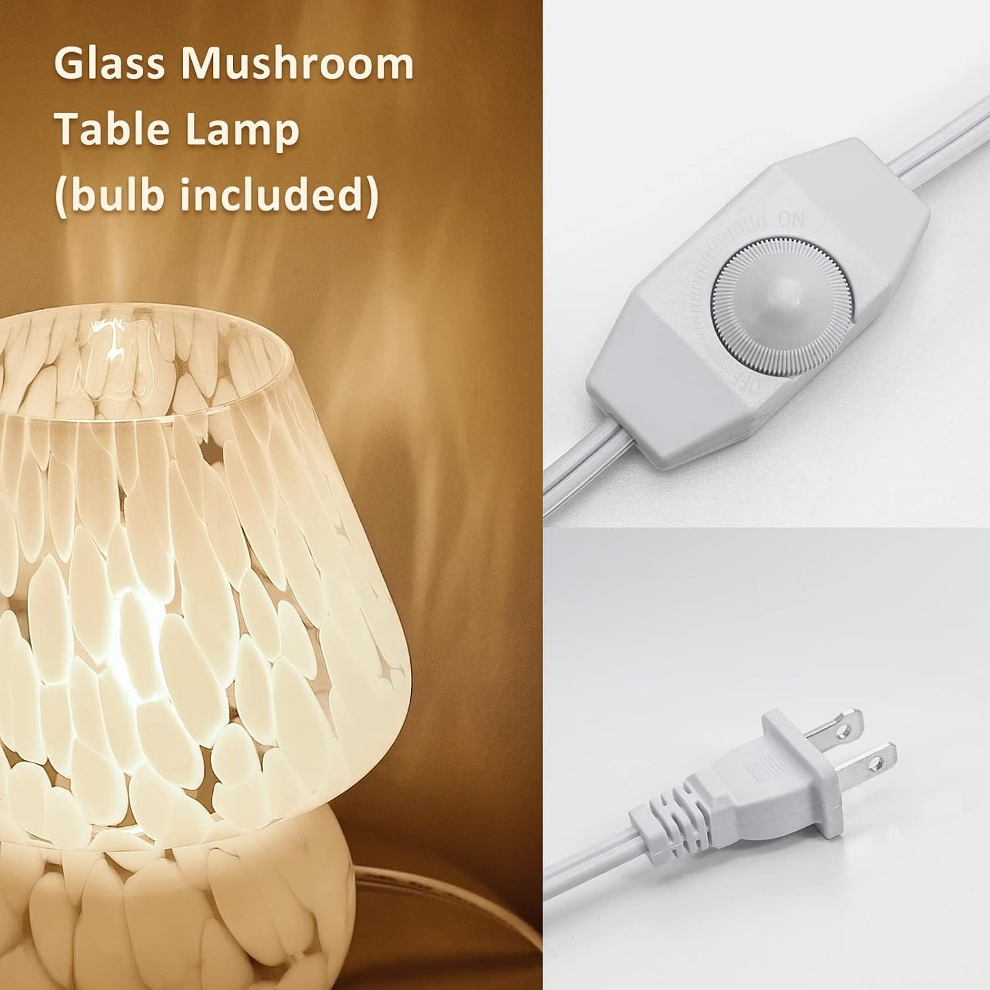 ONEWISH Cute Mushroom Lamp Small Bedside Table Lamp Set of 2 Stepless Dimmable, Translucent Glass White Nightstand Lamp