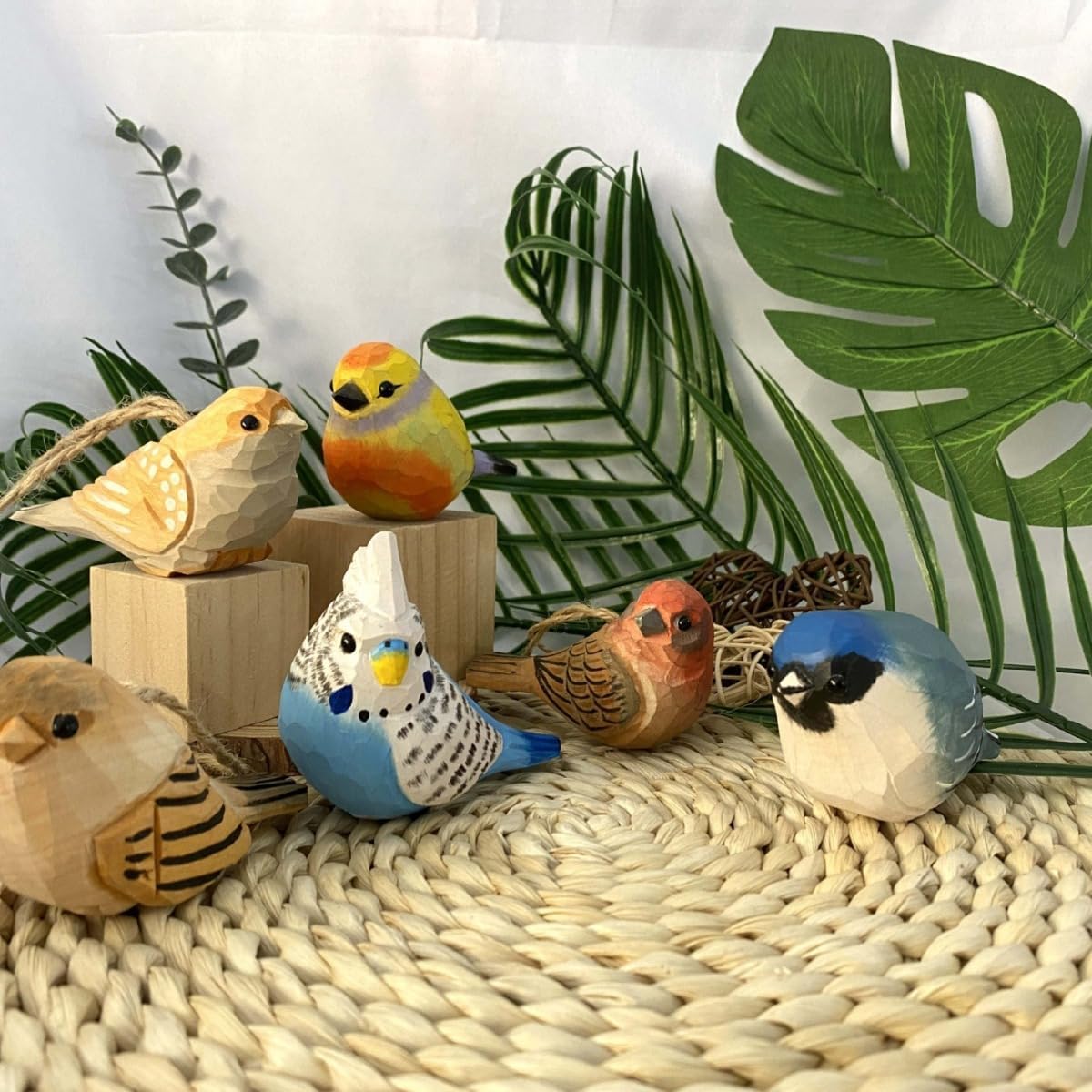 Handmade Bird Statue Carved Rustic Animal Bird Sculpture Miniature Art Carve Small / Wood / Set of 2