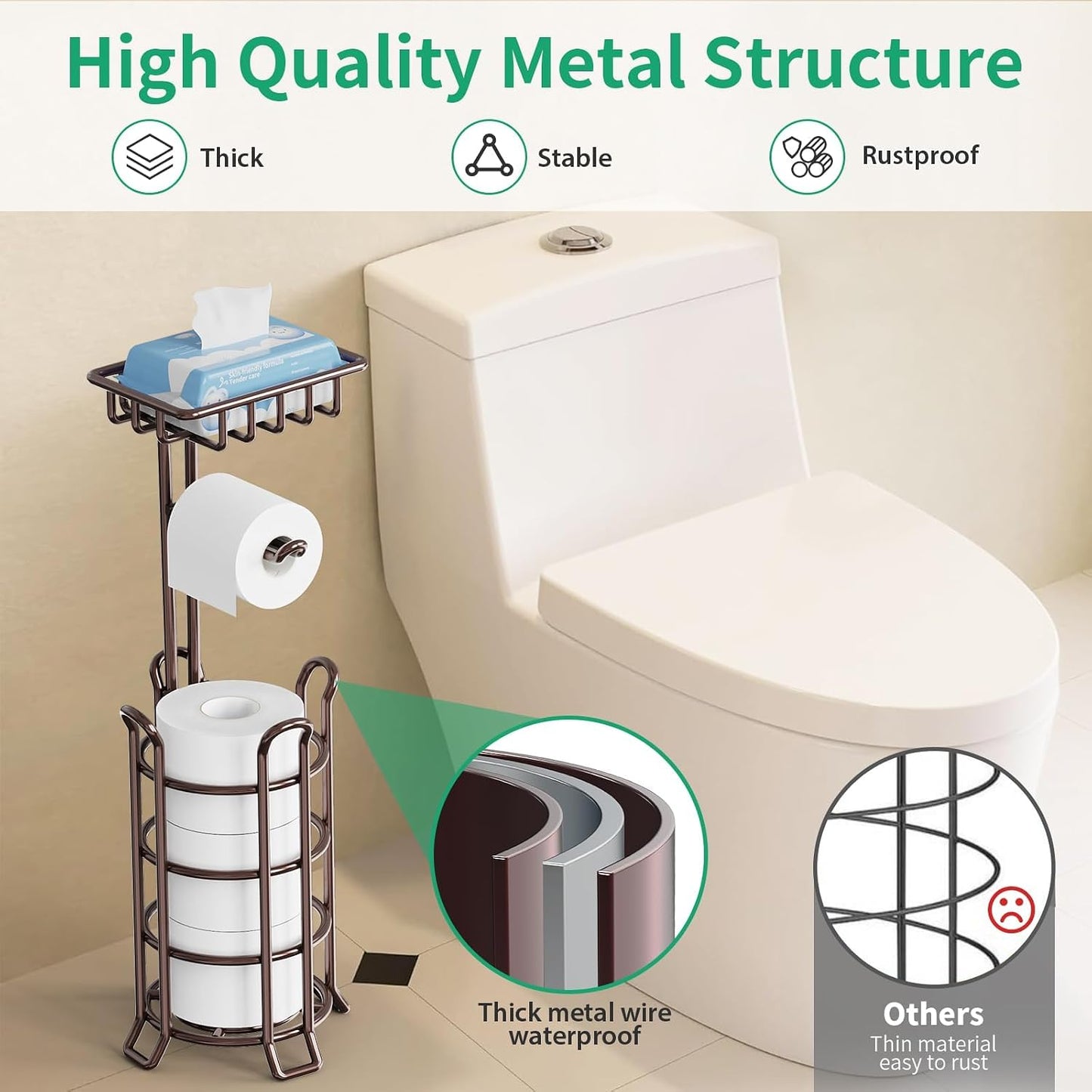 TomCare Toilet Paper Holder Free Standing with Shelf, Stable 4 Raised Feet | Stores 4 Mega Rolls, Tool-Free Assembly