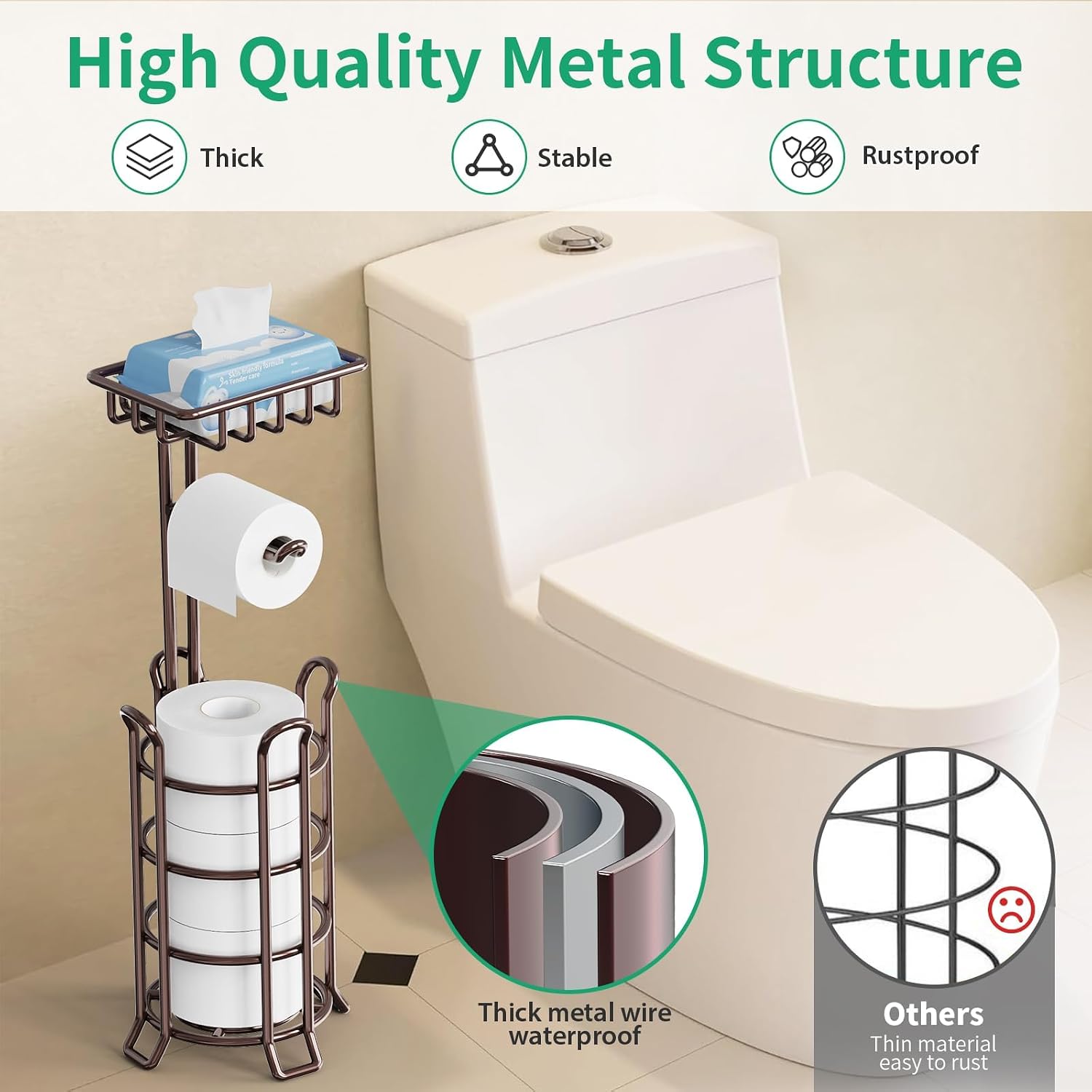 TomCare Toilet Paper Holder Free Standing with Shelf, Stable 4 Raised Feet | Stores 4 Mega Rolls, Tool-Free Assembly