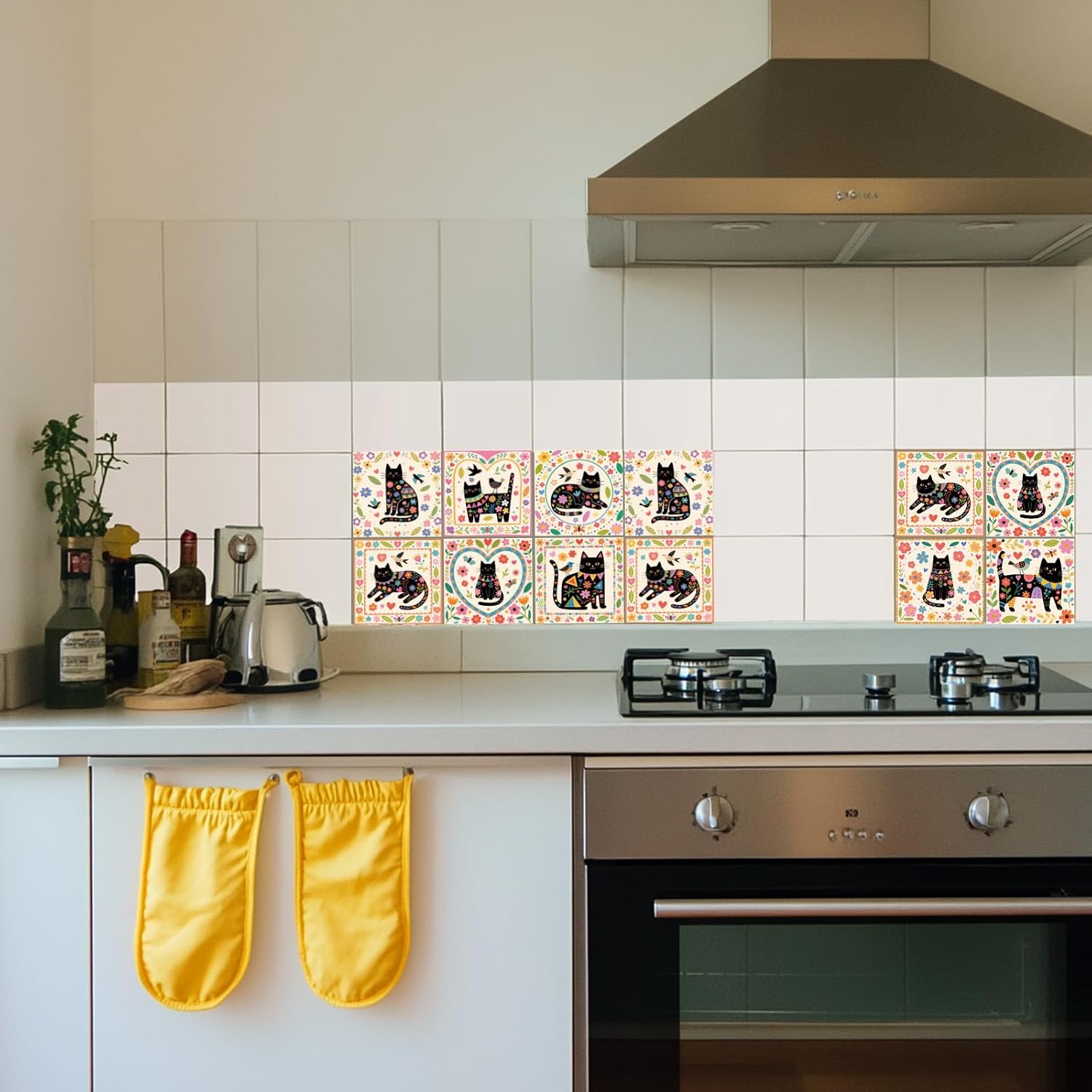9 Style Tile Stickers Artistic Flowers Peel and Stick Wall Stickers / Black Cats / Set of 36