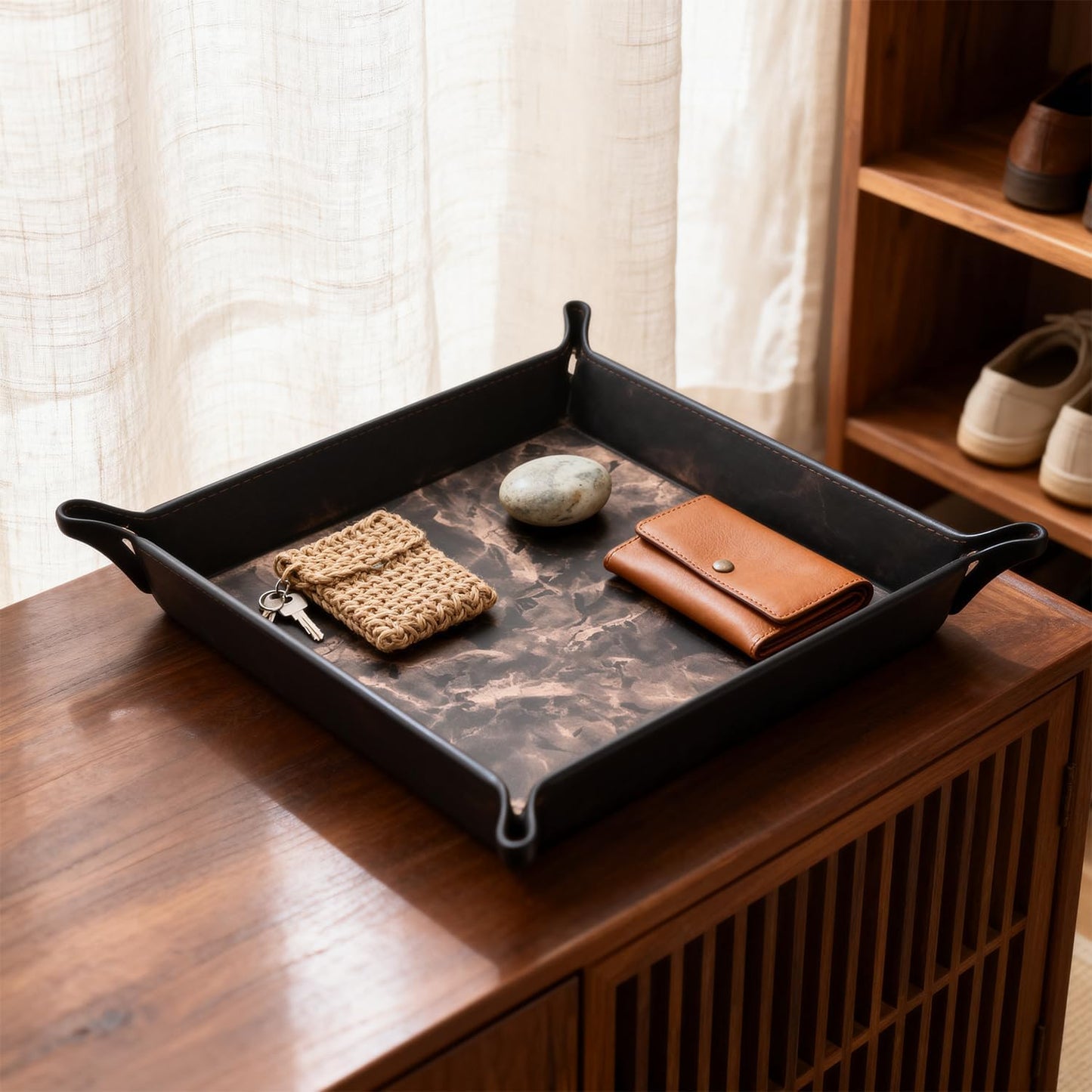 Vegan Leather Catchall Bedside Vanity Tray Nightstand Caddy Holder for Remote / Marble Brown