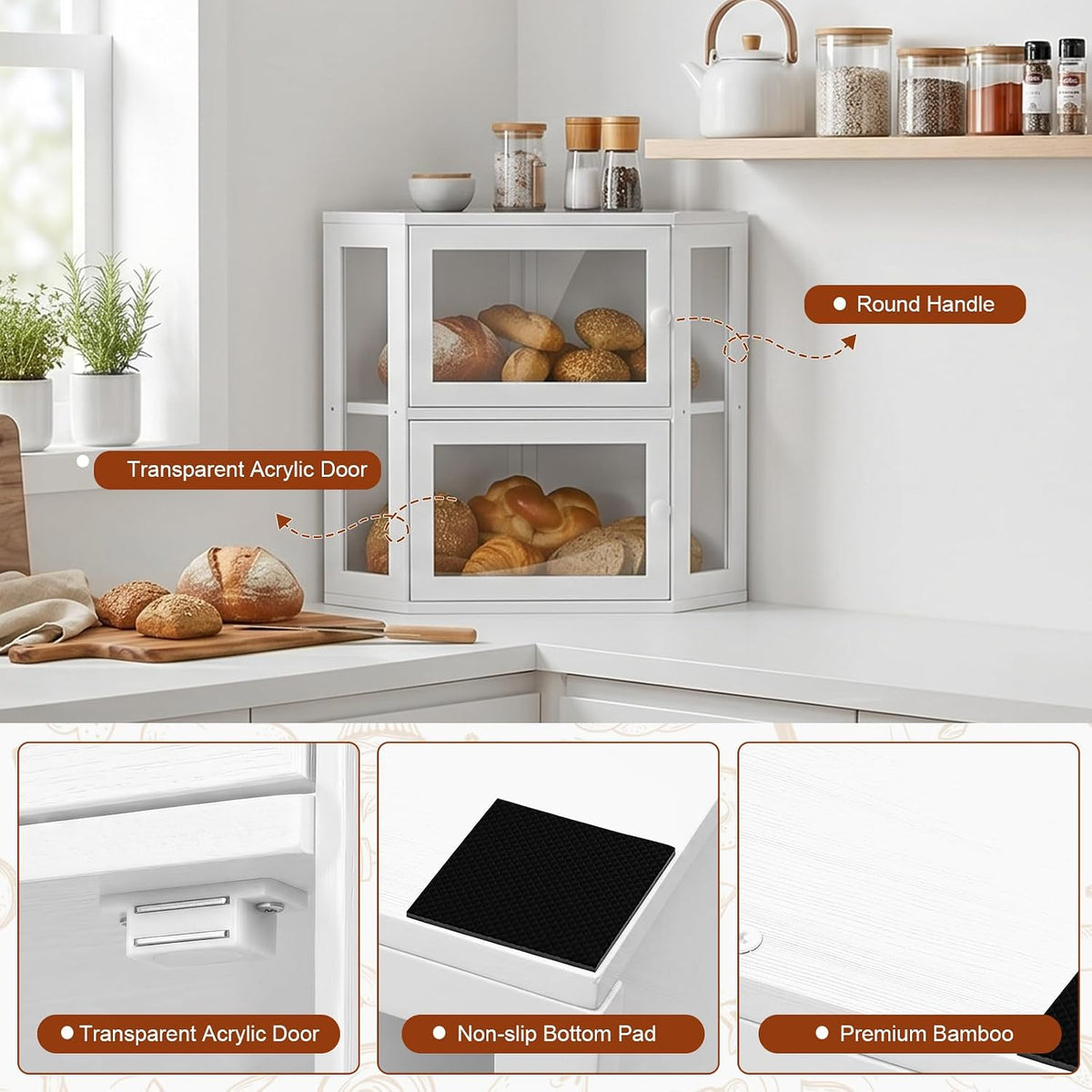 Corner Bread Box for Kitchen Countertop,Large Bread box,White | 2 Tier Bamboo Wood Corner Bread Box for Homemade Bread