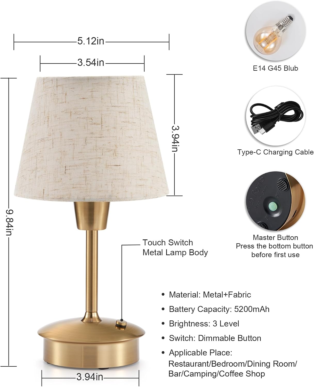 2 Pack Small Rechargeable Cordless Table Lamp for Restaurant Bar | 5200mAh Battery Operated, Portable Touch Dimmable