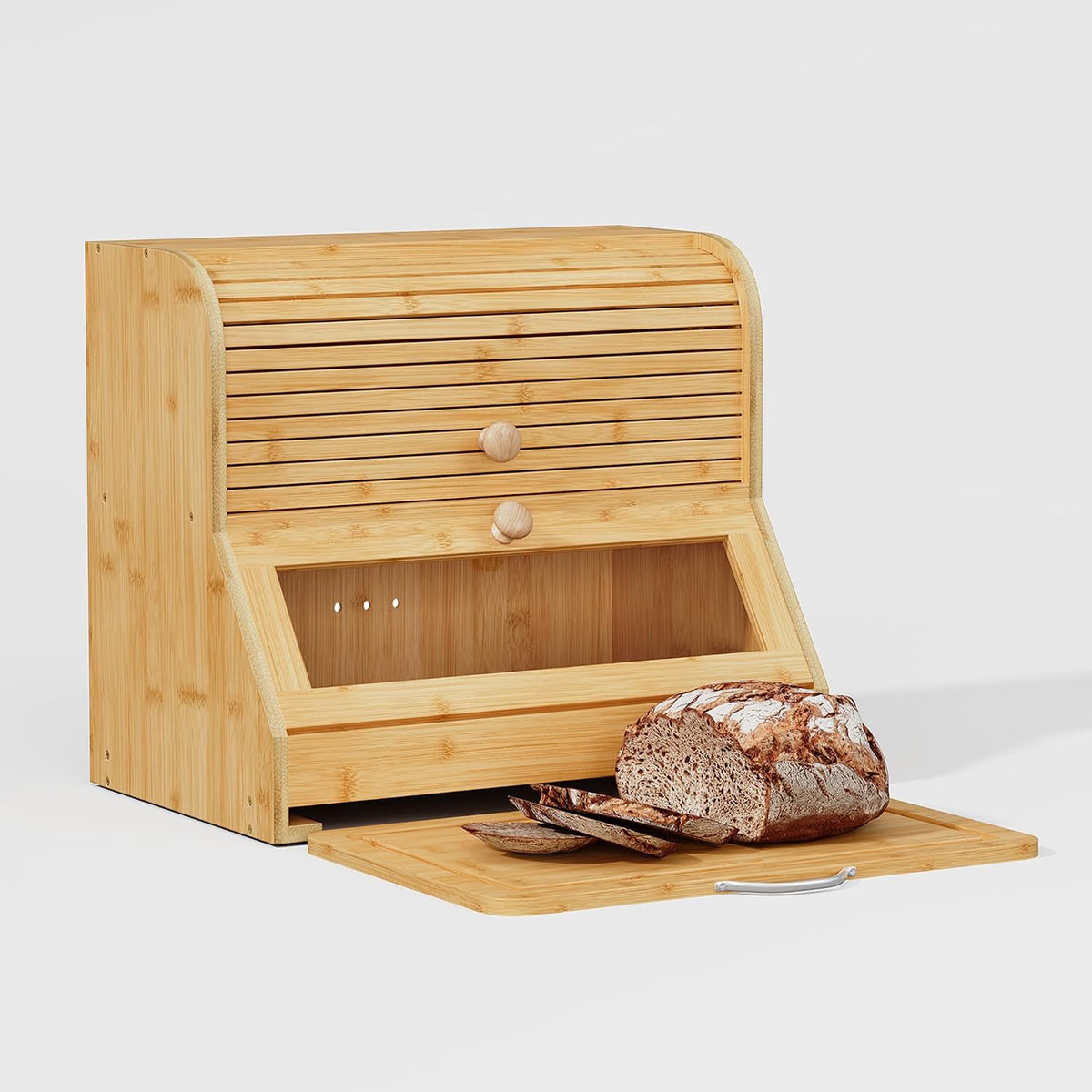 HOLTICO Roll Top Bamboo Bread Box with Cutting Board for Kitchen, Wood | 2-Tier Large Wood Bread Bin for Kitchen
