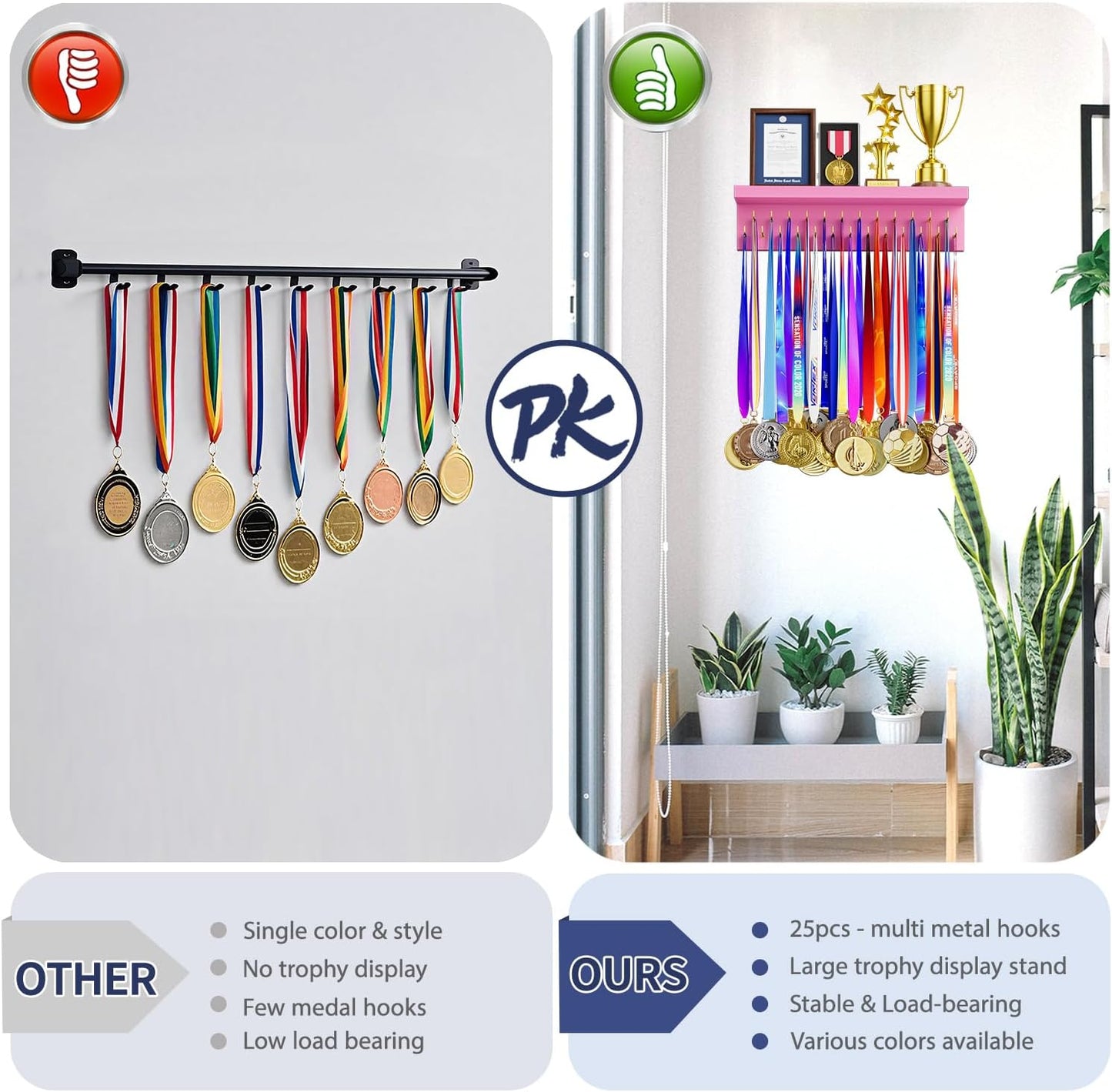 Medal Holder Display Trophy Shelf Organizer, Sturdy Wooden Race Award Hanger Rack with 25 Steel Hooks, Wall Mount