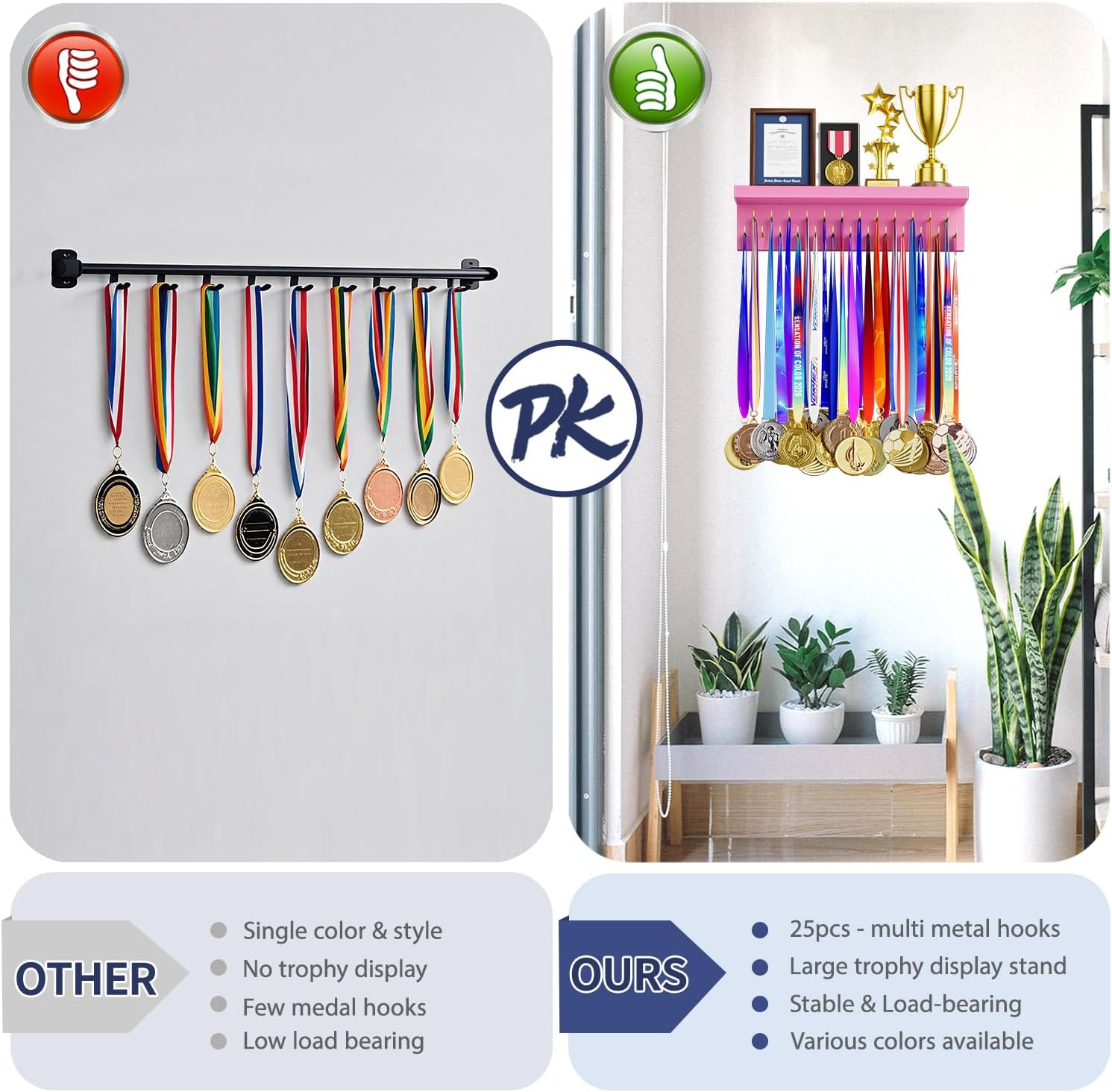 Medal Holder Display Trophy Shelf Organizer, Sturdy Wooden Race Award Hanger Rack with 25 Steel Hooks, Wall Mount