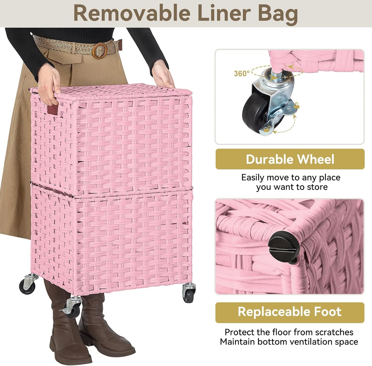 Rolling Laundry Basket / 90l / Pink