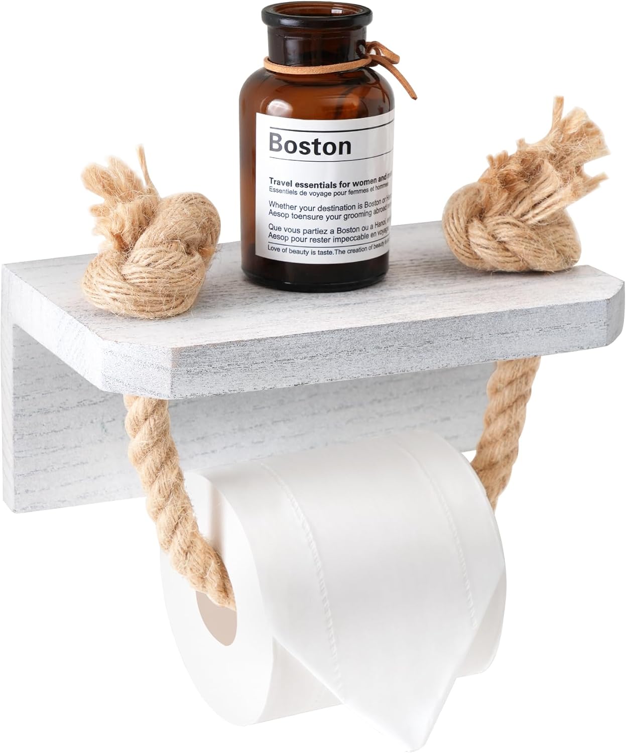 Farmhouse Rope Toilet Paper Holder Beach Towel Holder Wood Shelf | Rustic Farmhous Bathroom Decor Wall Mount
