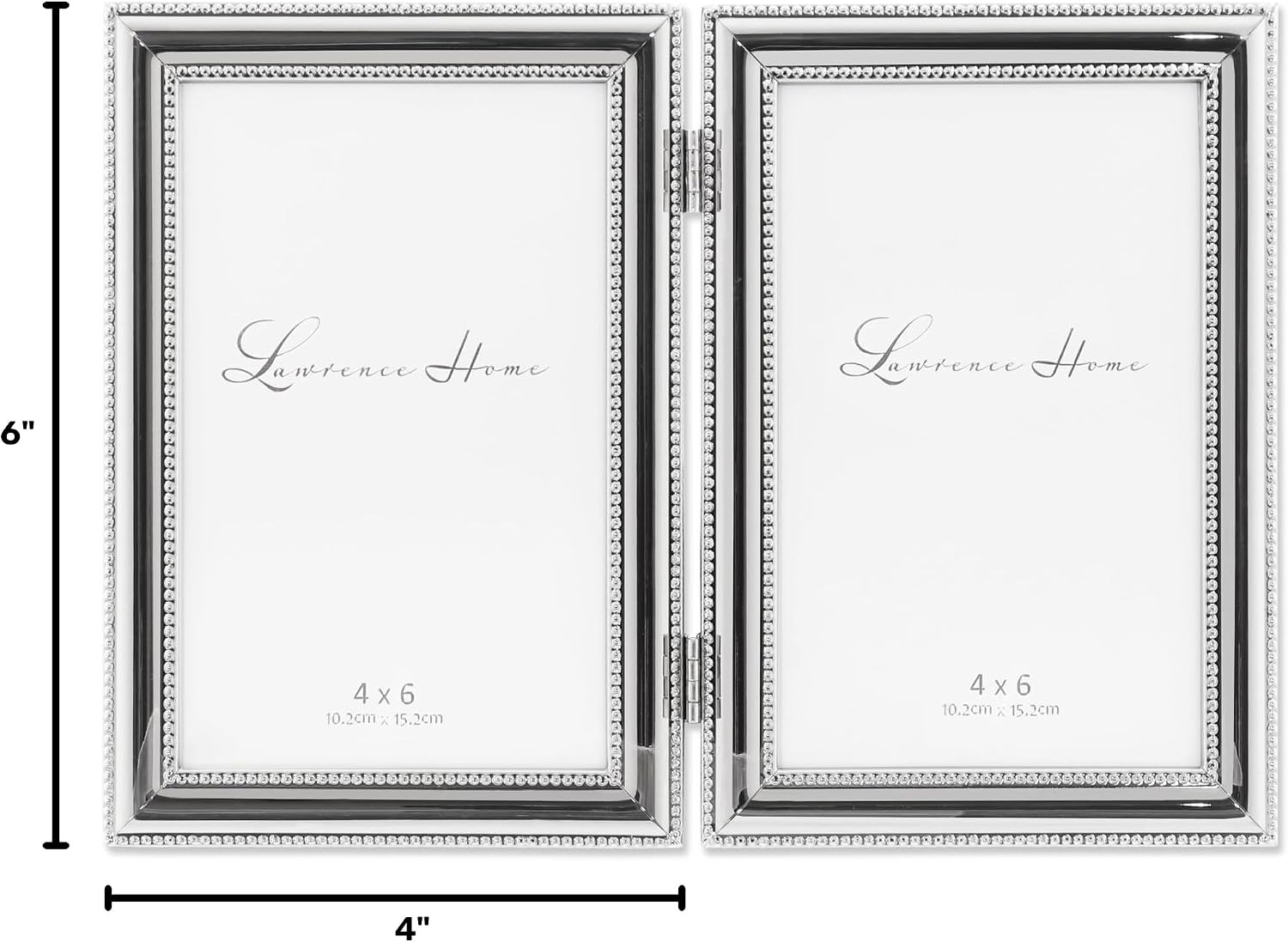 Lawrence Frames Hinged Double (Vertical) Metal Picture Frame Silver-Plate with Delicate Beading, 4 by 6-Inch