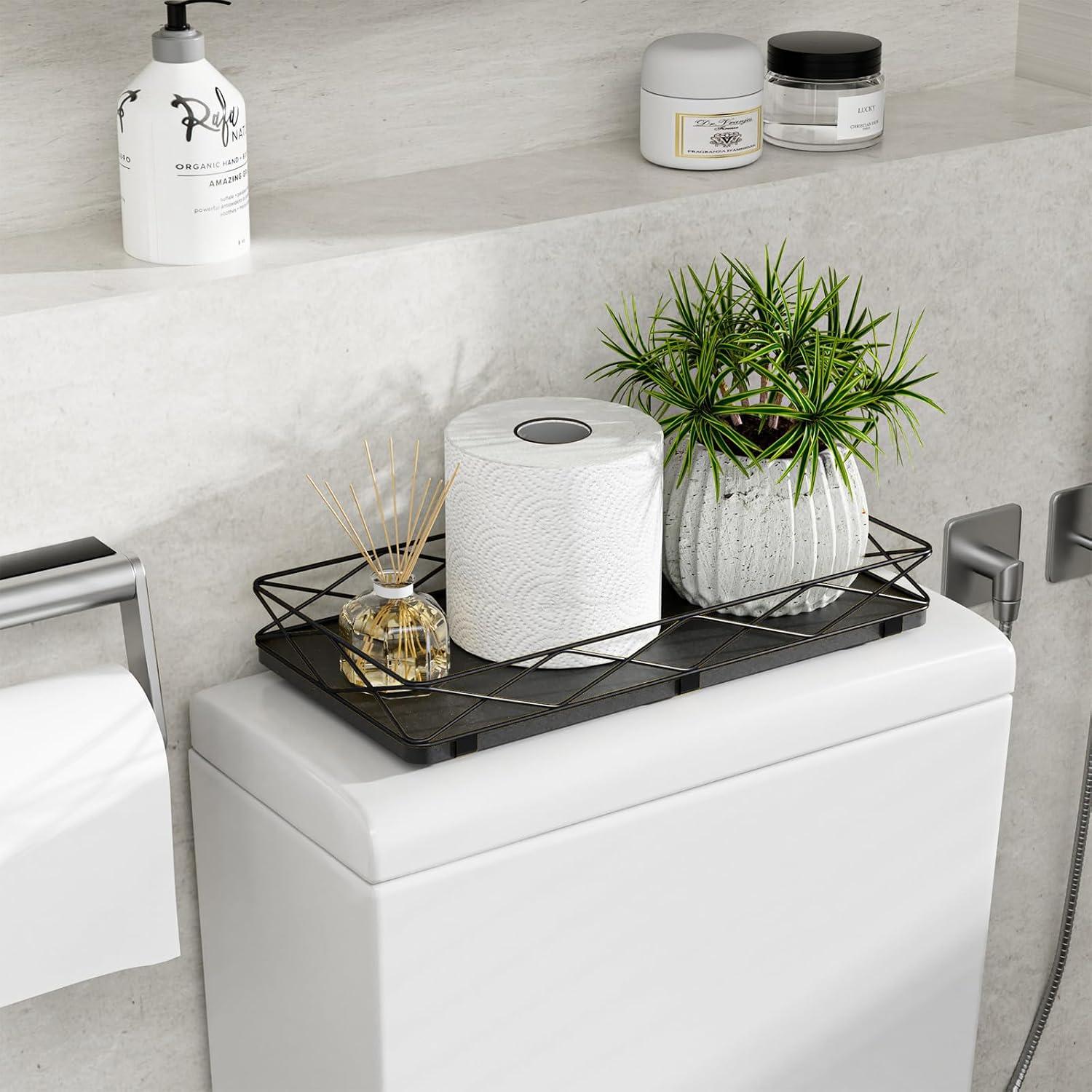 Wood and Metal Toilet Tray Vanity Organizer Bathroom Tray / Black