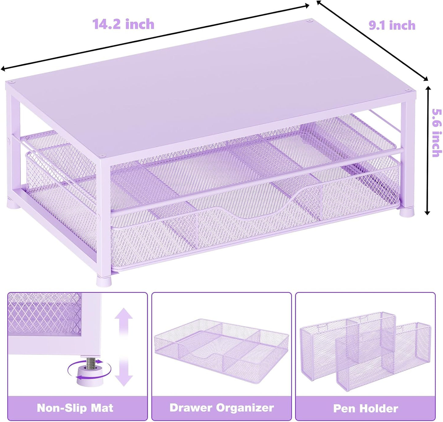 Desk Organizer and Accessories, 2-Tier Computer Monitor Stand Riser with Drawer and 2 Pen Holders, Laptop Stand, Office