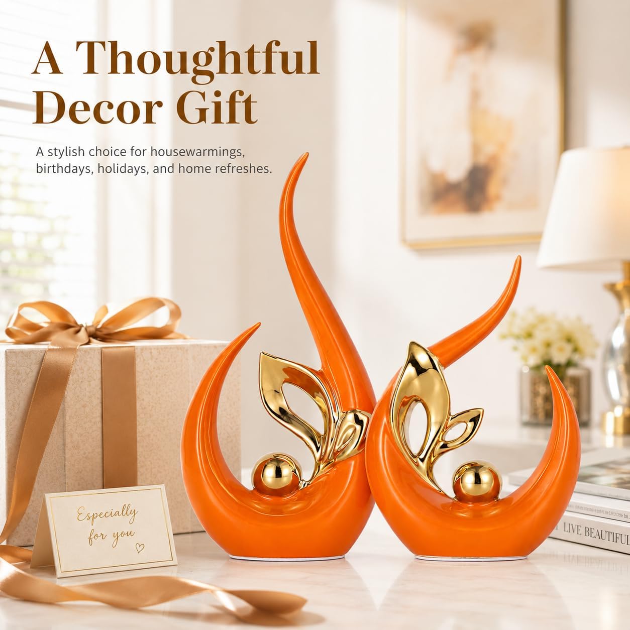 Burnt Gold Ceramic Statues / Orange