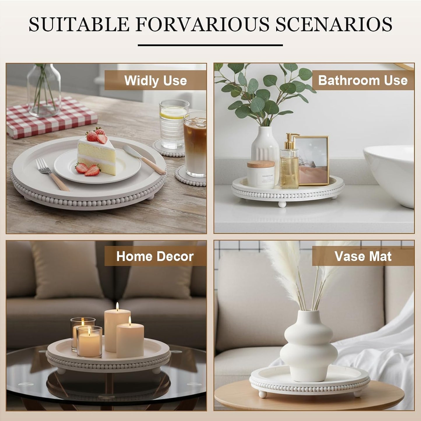 Farmhouse Trays Decoration Set 6 Rustic Wooden Bead Coasters / White / Set of 8