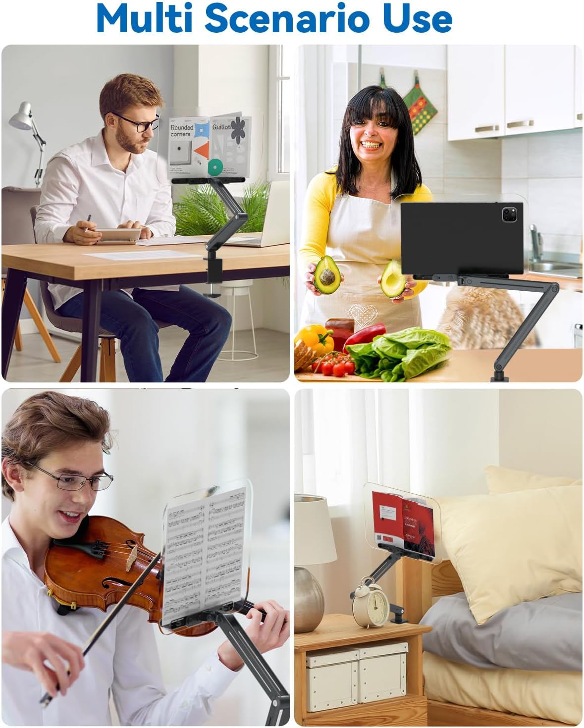 Desk Clamp Acrylic Book Stand for Reading, Ergonomic Design Adjustable Height up to 20 inches with Rotating Bases