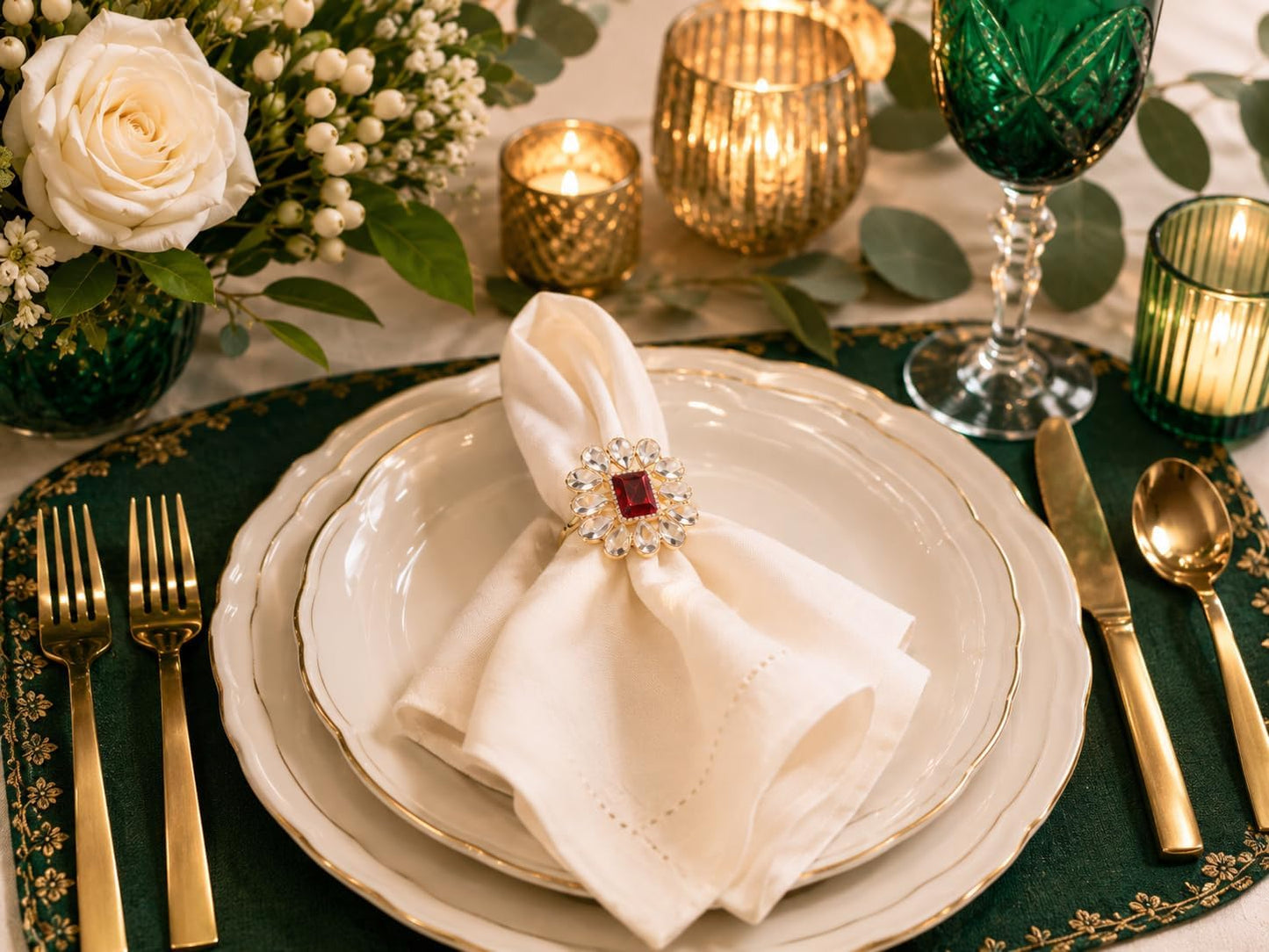 Floral Rhinestone Table Napkin Rings, Gold Tone, Set of 12 | Handmade large-size floral napkin holders with rhinestone