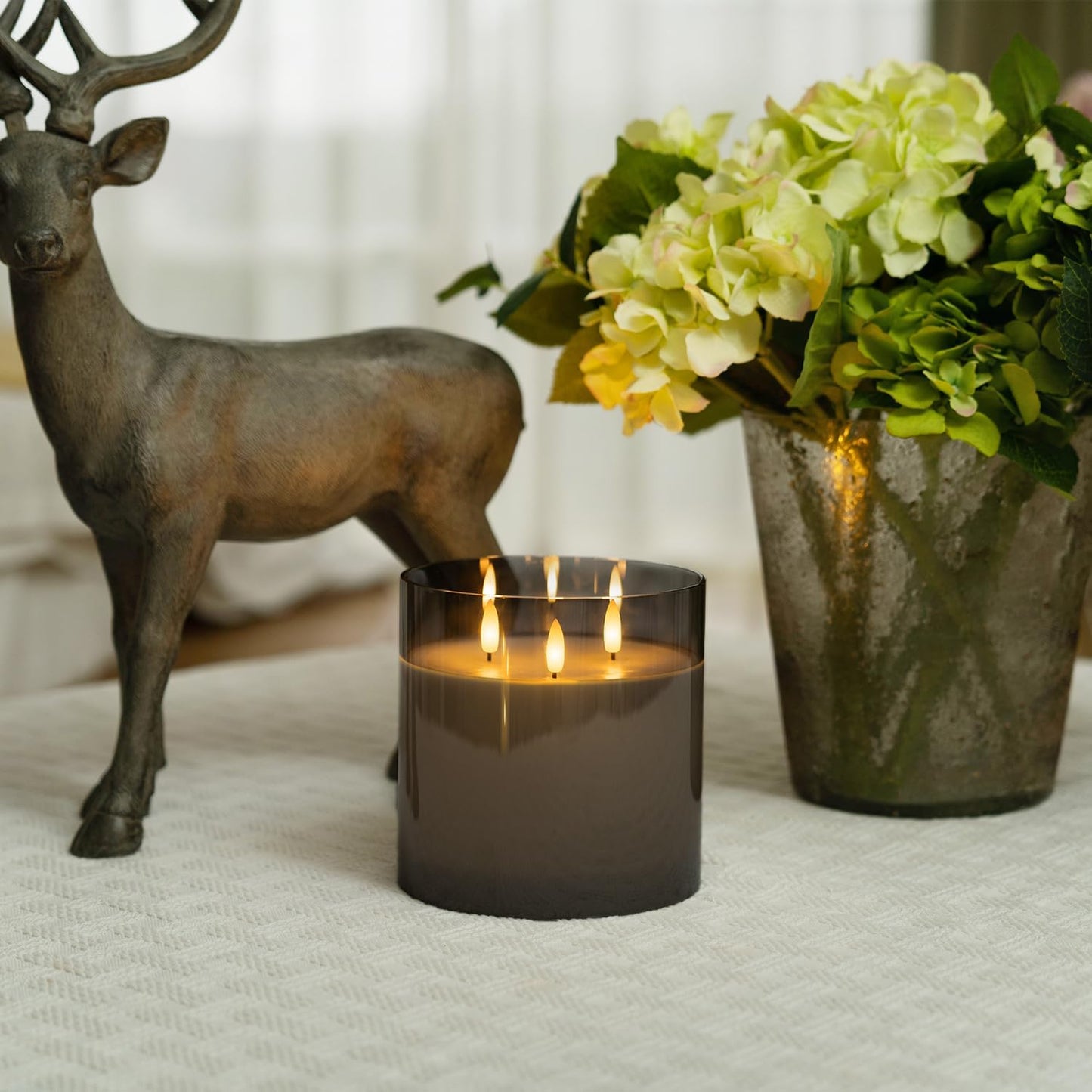 Homemory Grey Large Glass Flameless LED Candle, 3 Wicks, Remote Timer | 6"x6", real wax, battery operated flickering
