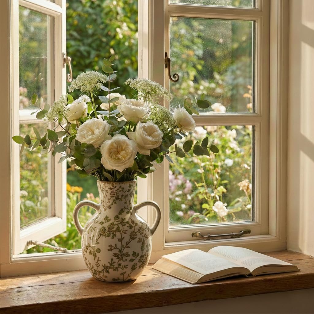 Ice Cracked Vintage Pastoral Vase / 18785-green and Beige / 7 Inch