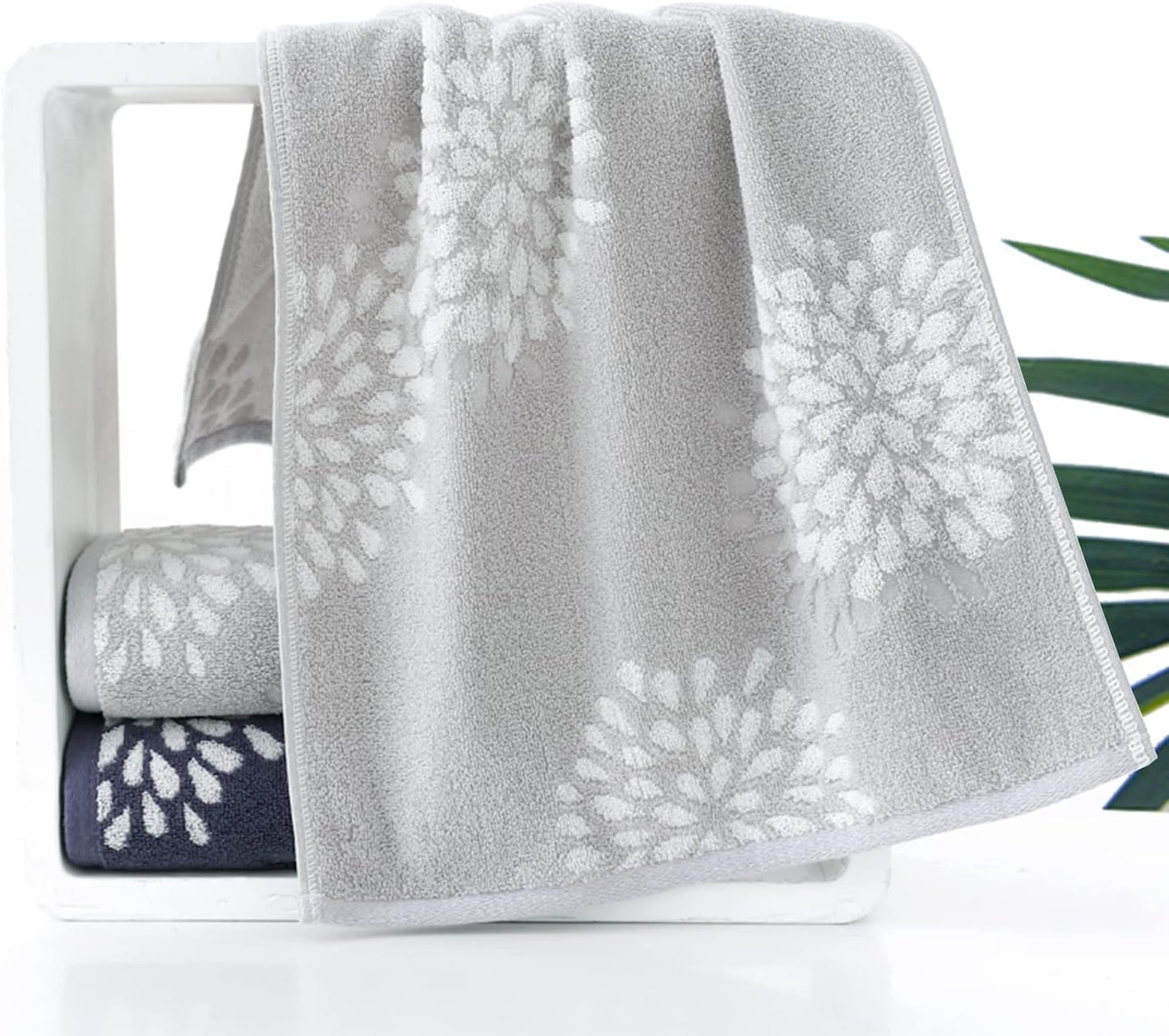Hand Towels Set of 4 Hydrangea Floral Pattern 100% Cotton Absorbent Soft Decorative Towel for Bathroom (Light Grey)