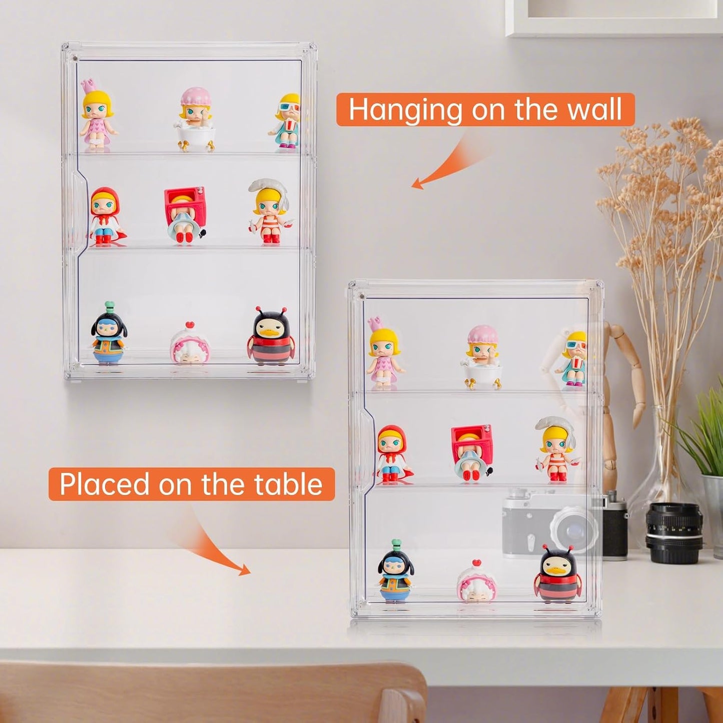BOHOIDEE 3 Tiers Clear Display Case for Figures, Acrylic Storage Organizers Box with Magnetic Door, Wall-Mounted
