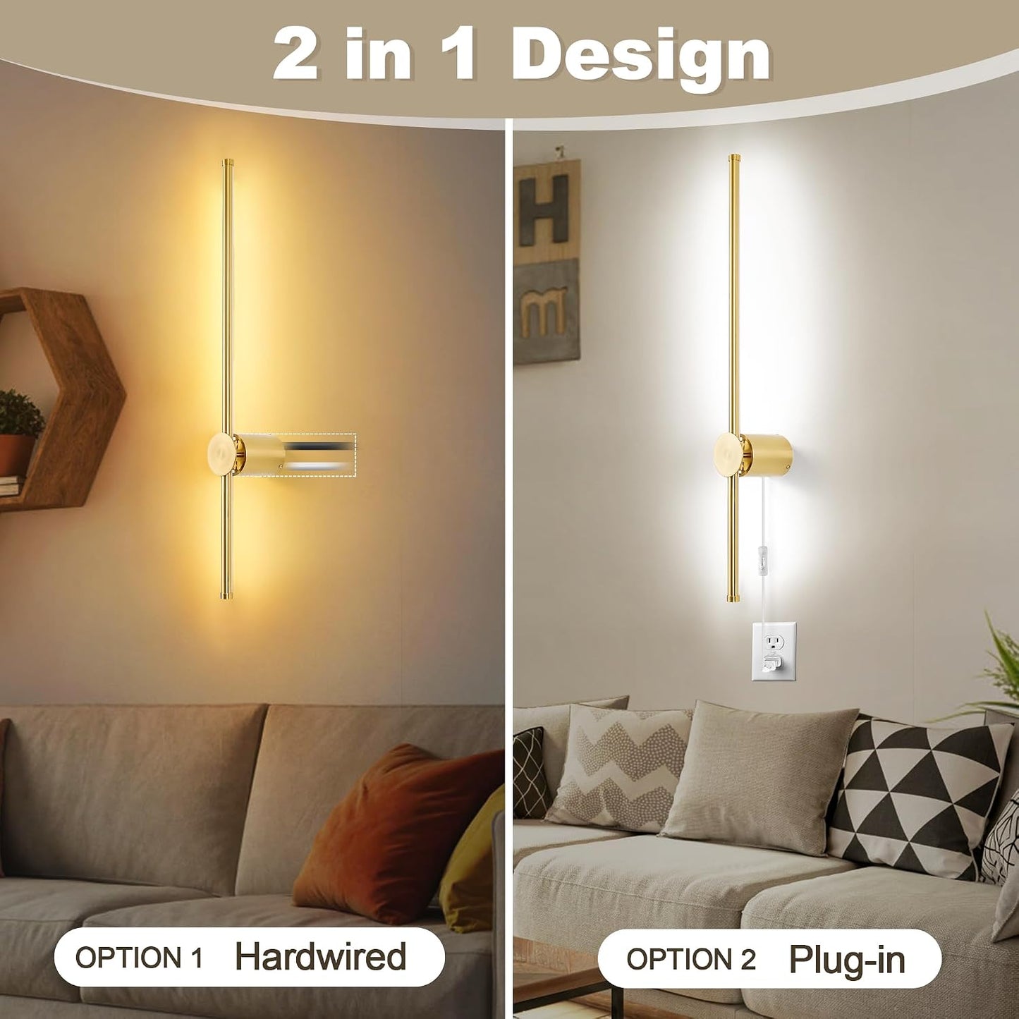 GOODATE Wall Sconces Set of Two with Remote, Stepless Colors 3000K-6500K & Stepless Dimming, Hardwire or Plug-in, 180°