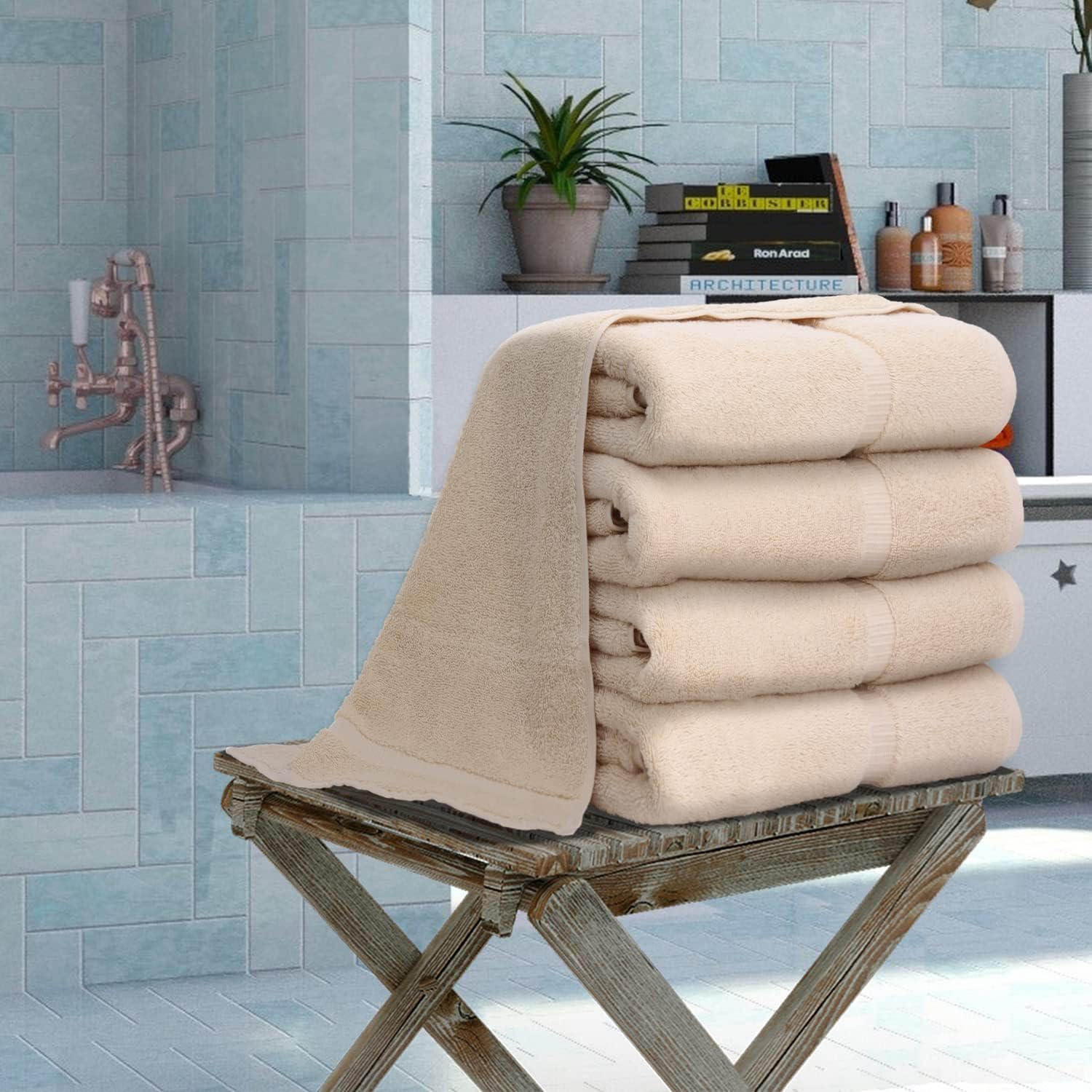 Luxury Hotel & Spa Towel 100% Genuine Turkish Cotton Bath Towels - Beige - Dobby Border - Set of 4