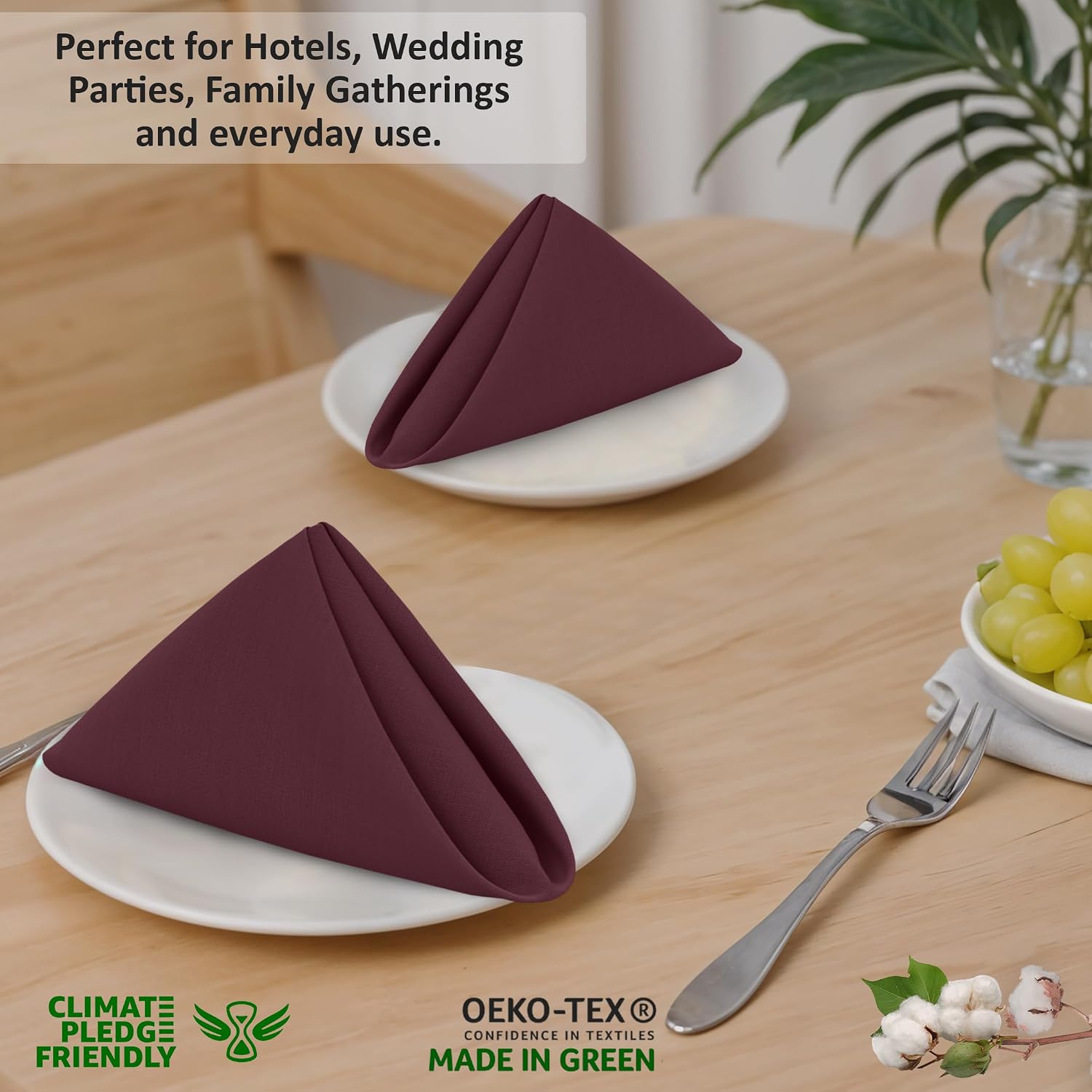 Ruvanti Cloth Napkins Set of 12, 100% Cotton 18”x18” - Burgundy | Washable, Soft, Durable & Absorbent Everyday Napkins.