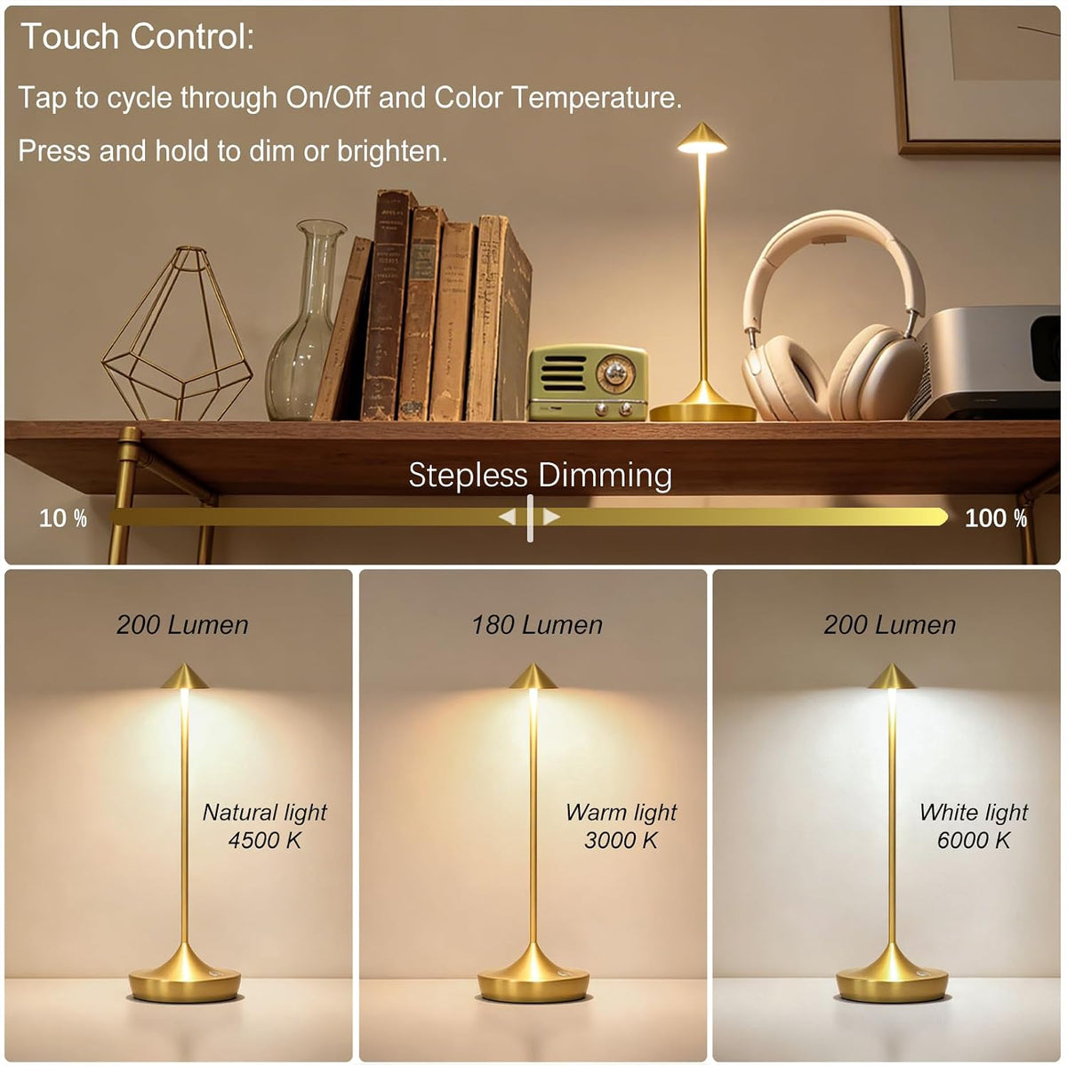 2-Pack Cordless Rechargeable LED Table Lamp (Gold) | 6000mAh Battery, 3-Color Stepless Dimming, IP54 Waterproof &