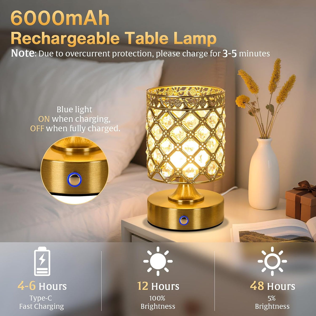 Gold Small Crystal Rechargeable Cordless Table Lamps Set of 2 | 6000mAh Battery, 3 Color Temps, Stepless Dimming, Touch