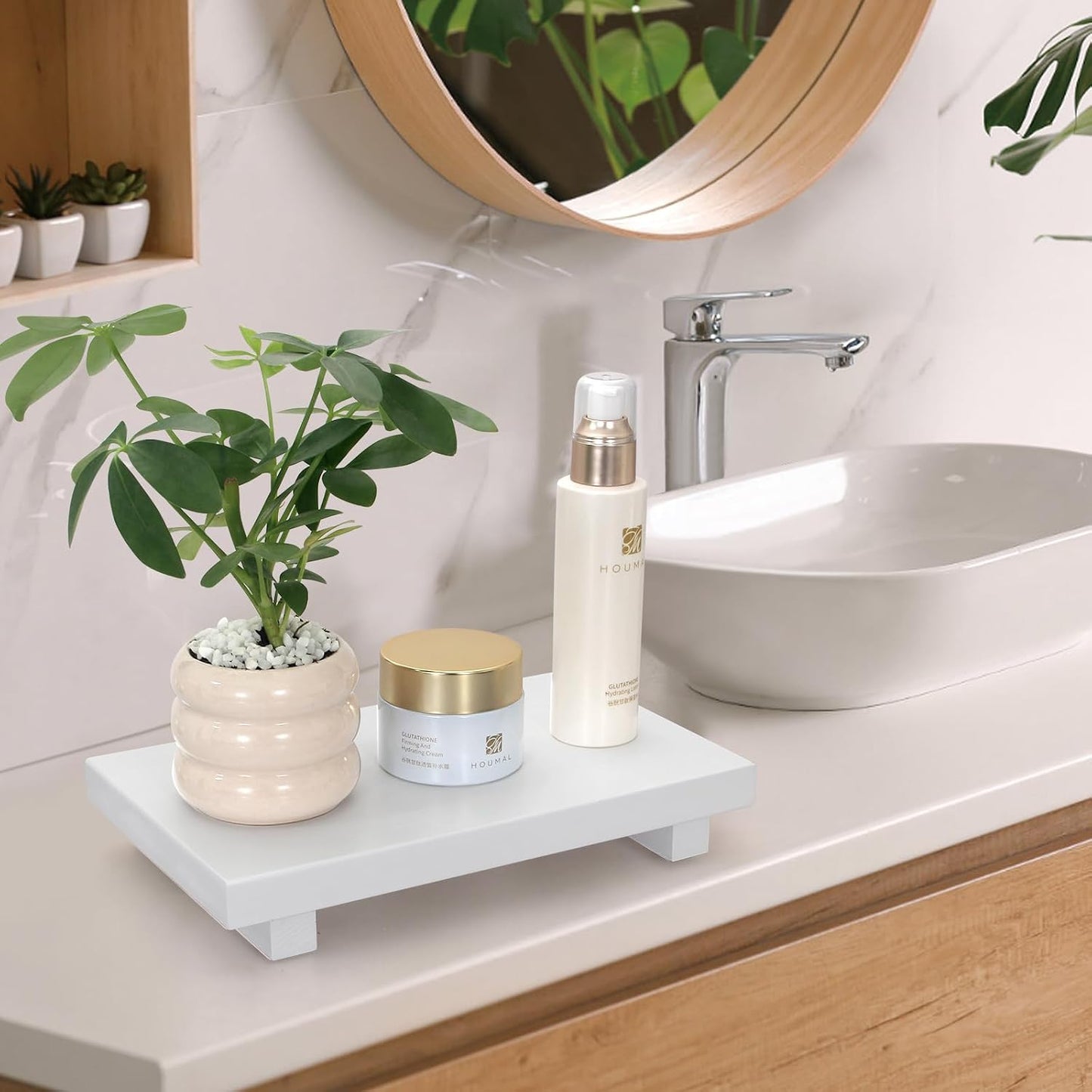 Wooden Bathroom Tray Wood Riser Pedestal Stand Dish Soap Dispenser Holder / 10 x 6 x 1.6 / White