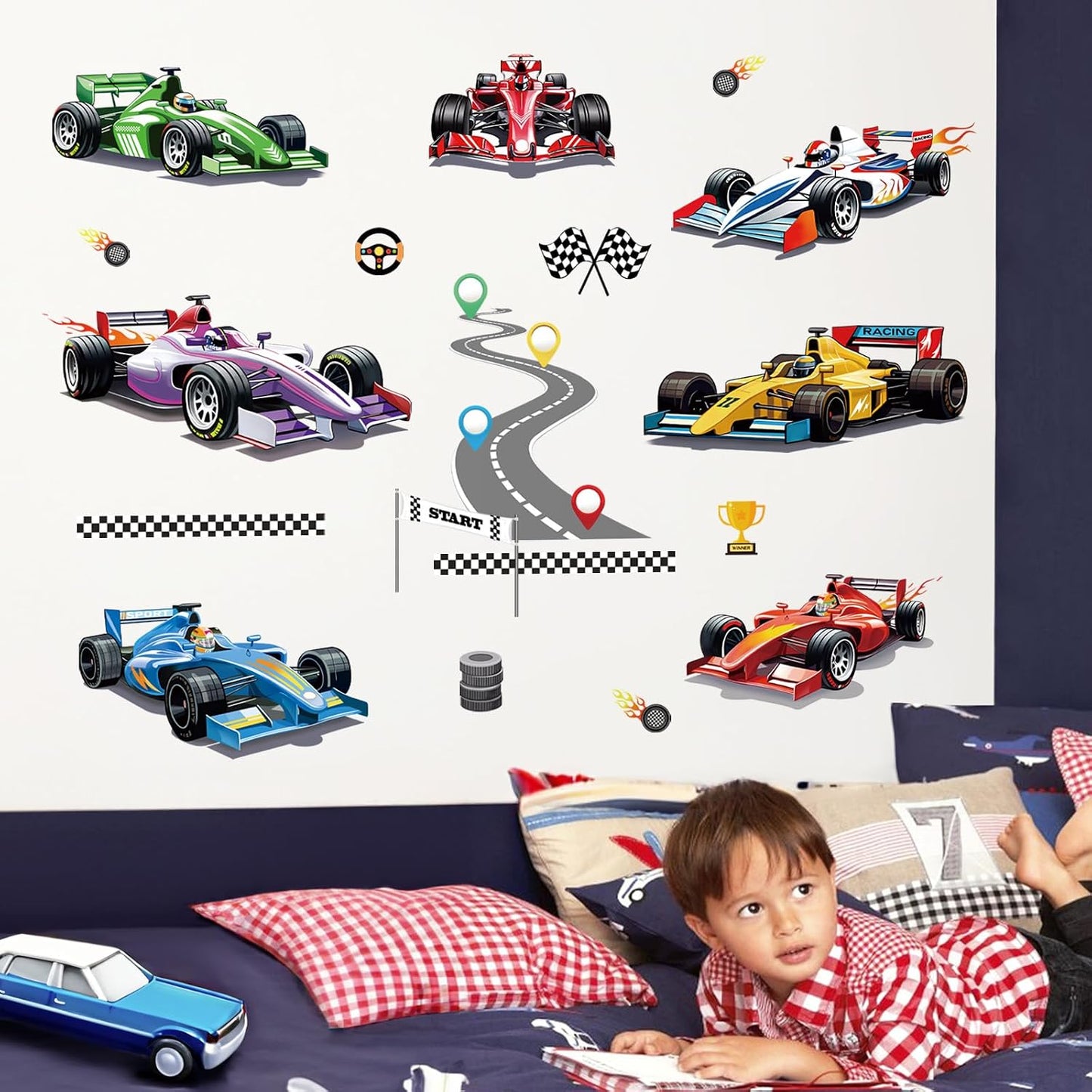 Racing Car Wall Stickers Vehicles Roads Peel and Stick Wall Art Decals for Kids Bedroom Boys / A