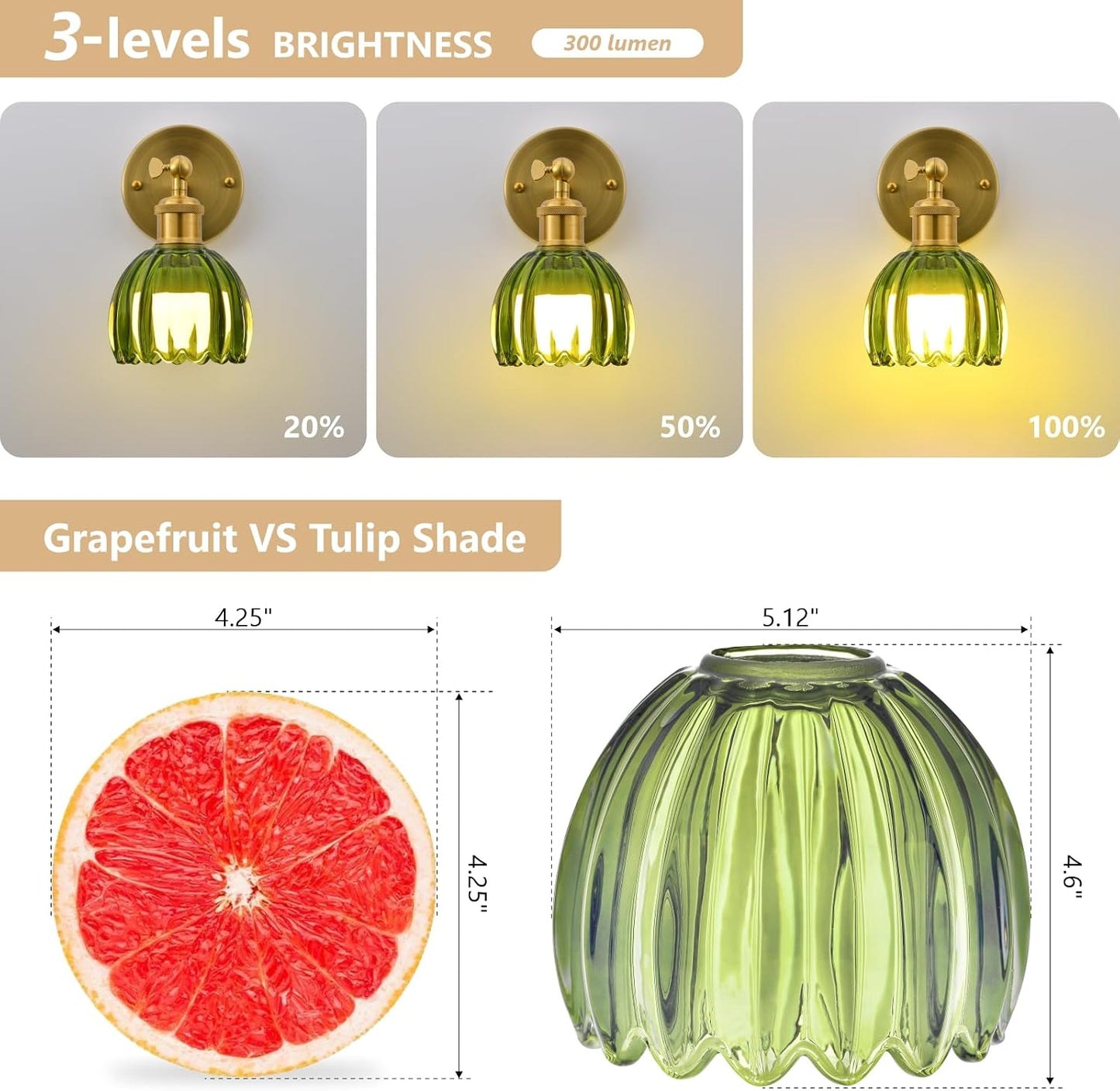 Vintage Battery Operated Wall Sconce, Green Tulip Glass Lampshade Wireless Rechargeable Battery Powered LED Wall Light