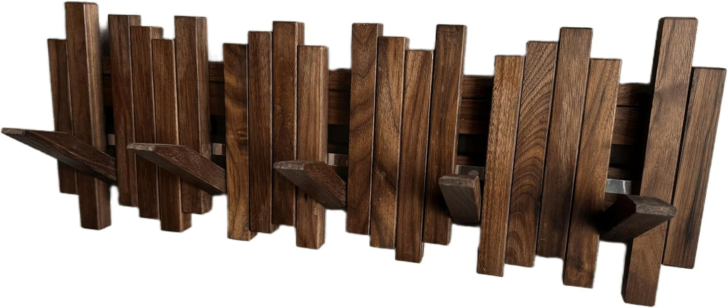 Natural Wood Wall Mounted Piano Coat Rack| Coat Rack Wall Mount| Flip Down Wall Hook Rack 5 Hooks| Entryway Wall