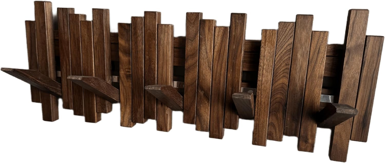 Natural Wood Wall Mounted Piano Coat Rack| Coat Rack Wall Mount| Flip Down Wall Hook Rack 5 Hooks| Entryway Wall