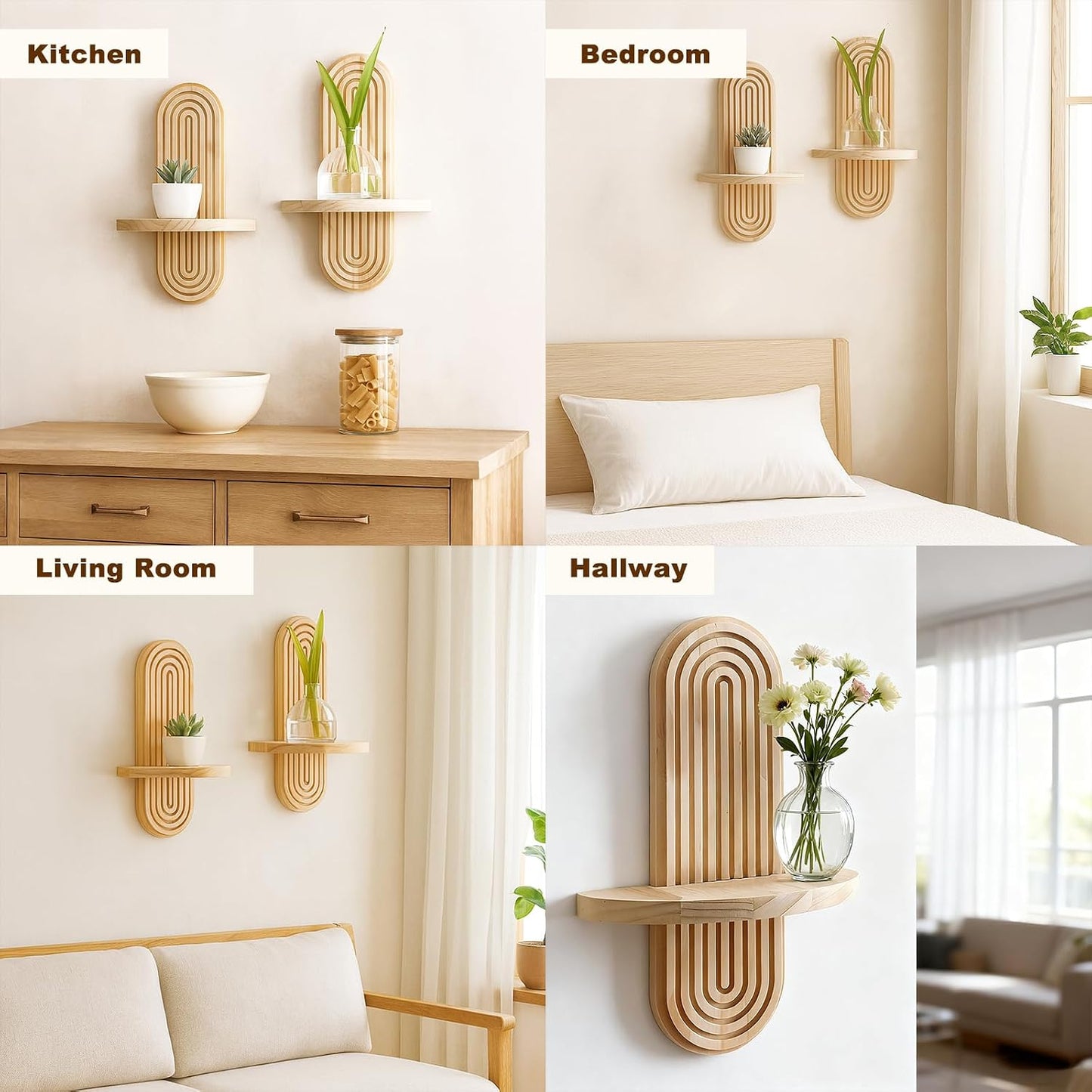 Handmade Solid Wood Floating Shelves Rainbow Arch Trinket Storage Rack Wall / 1 Beige / Set of 2
