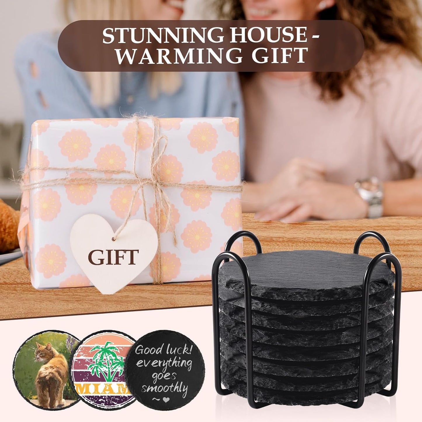 Metal Holder / Round Slate Coasters with Metal Holder / Black / 4 Inch / Set of 8