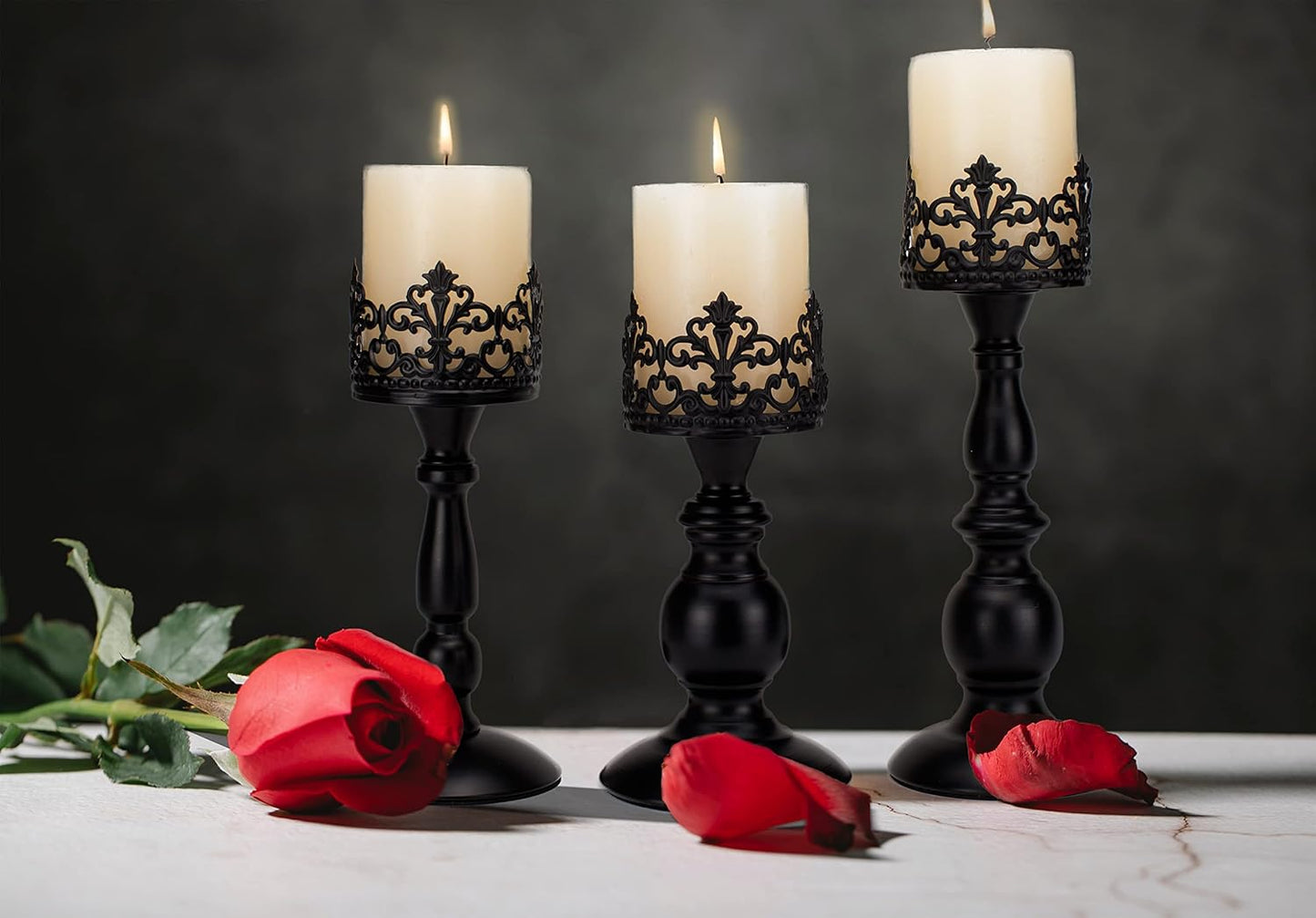 BANOMII Vintage Pillar Candle Holders for Table Centerpiece Set of 3-11'' 9'' 8'' - Matte Black Metal Candle Stands